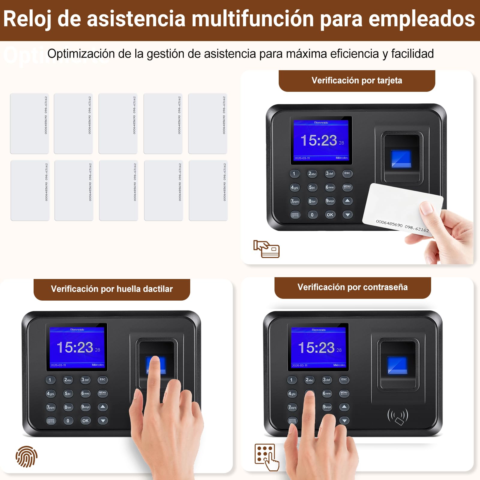 Reloj de Fichar Biométrico 3 en 1 – Control Horario con Huella Dactilar, Tarjeta RFID y Código PIN – Máquina de Asistencia para Pequeñas Empresas, Sin Internet, 10 Tarjetas Incluidas, Español