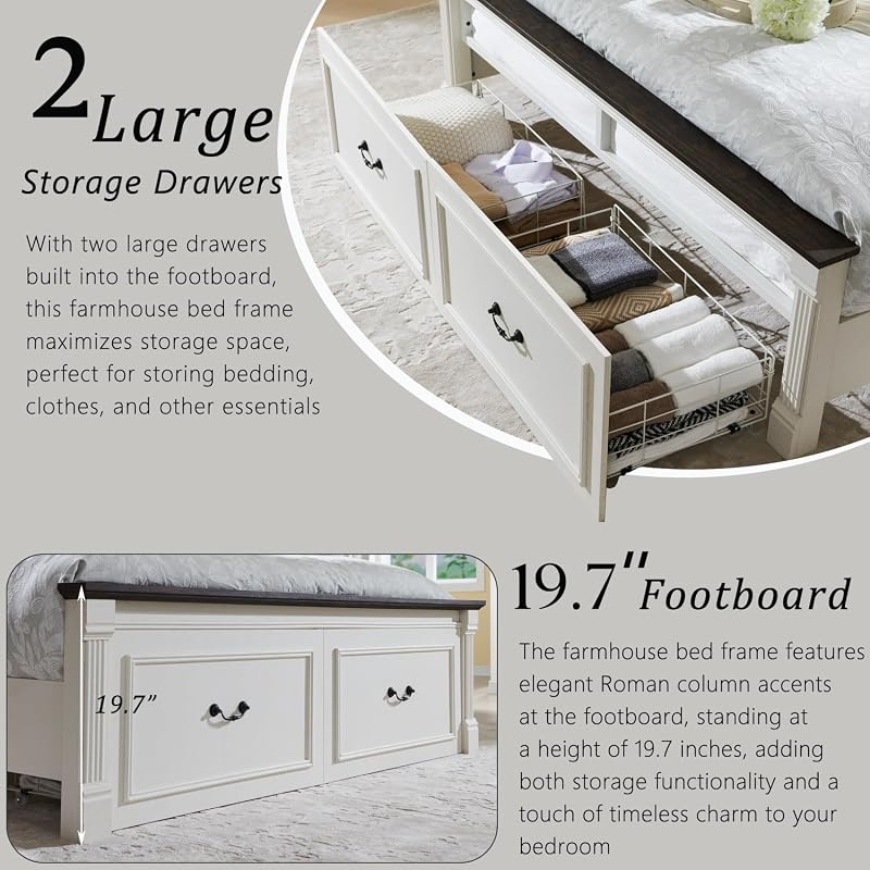 Aitjunz Farmhouse Queen Size Bed Frame w/51 Tall Headboard, Antique White image 5