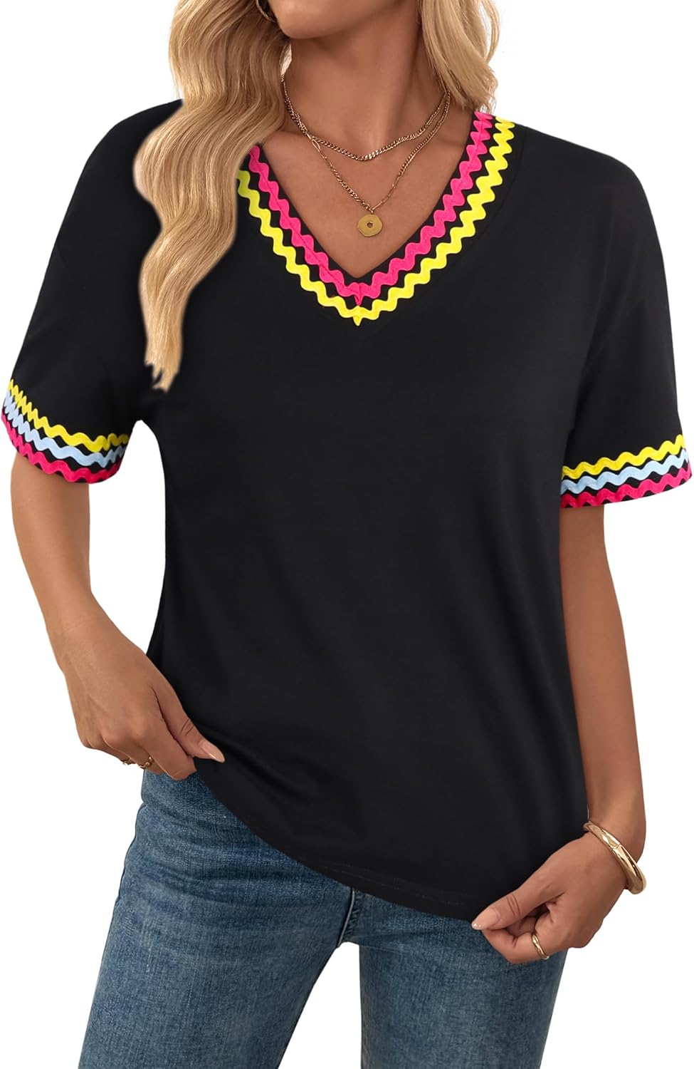 Hilinker Women's Short Sleeve V Neck T Shirts RIC Rac Trim Boho Casual Summer Tops - Image 3