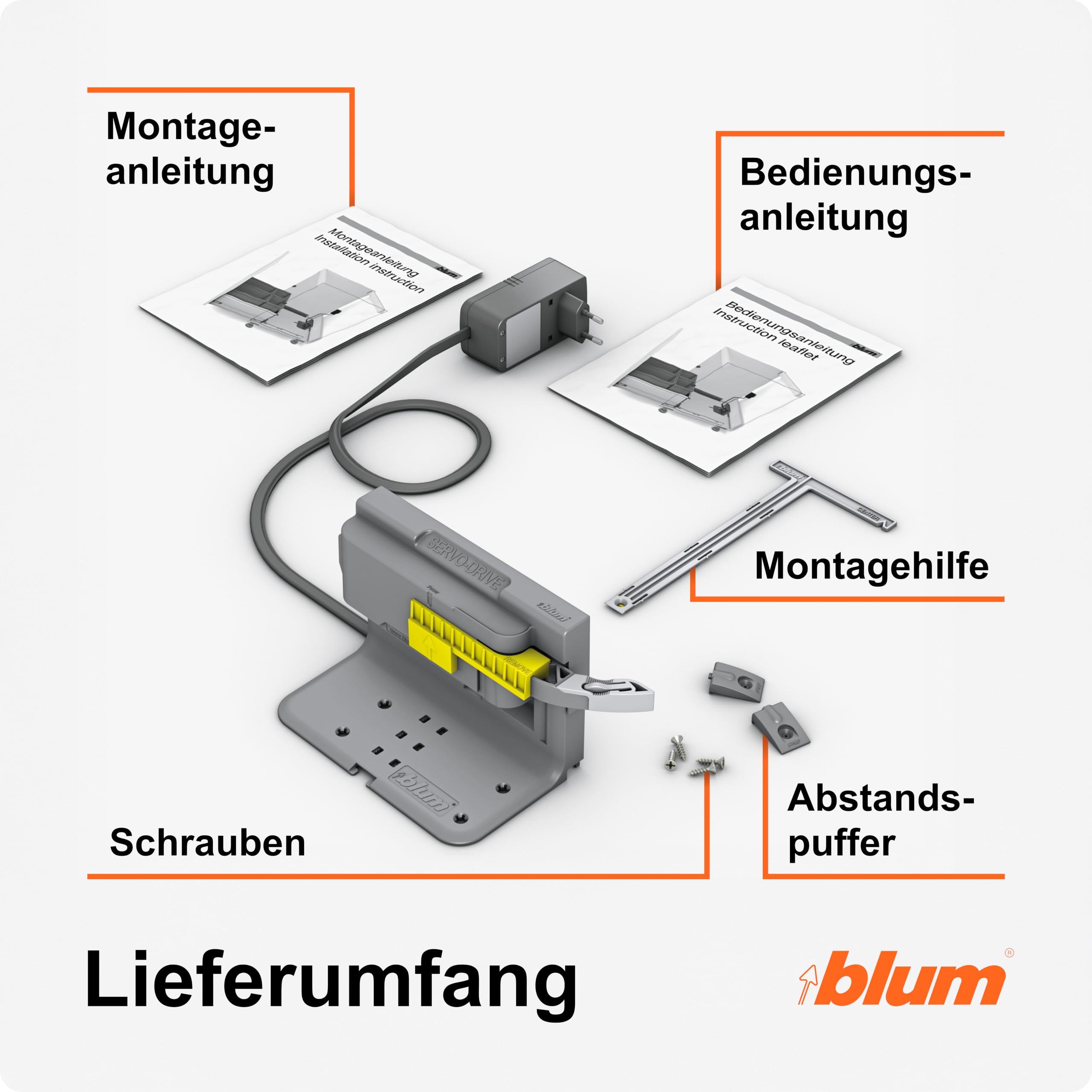 blum SERVO-DRIVE uno Set | Elektrischer Türöffner für grifflose Küche | Öffnet Auszüge elektrisch auf Fingerdruck | Ideal für Abfallauszüge | Mit Anlehnschutz | Inkl. Netzteil, einfache Montage
