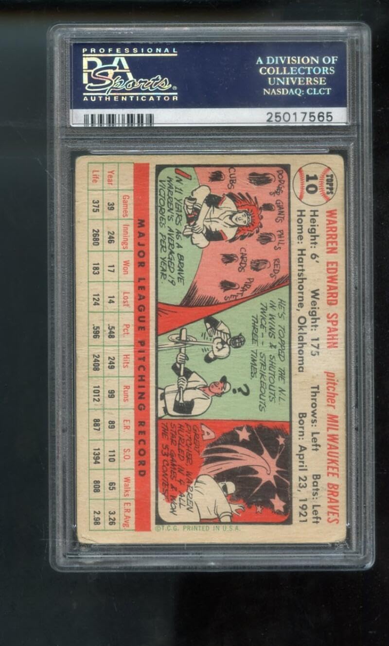 1956 Topps #10 Warren Spahn PSA 1 Graded Baseball Card MLB White Back Braves