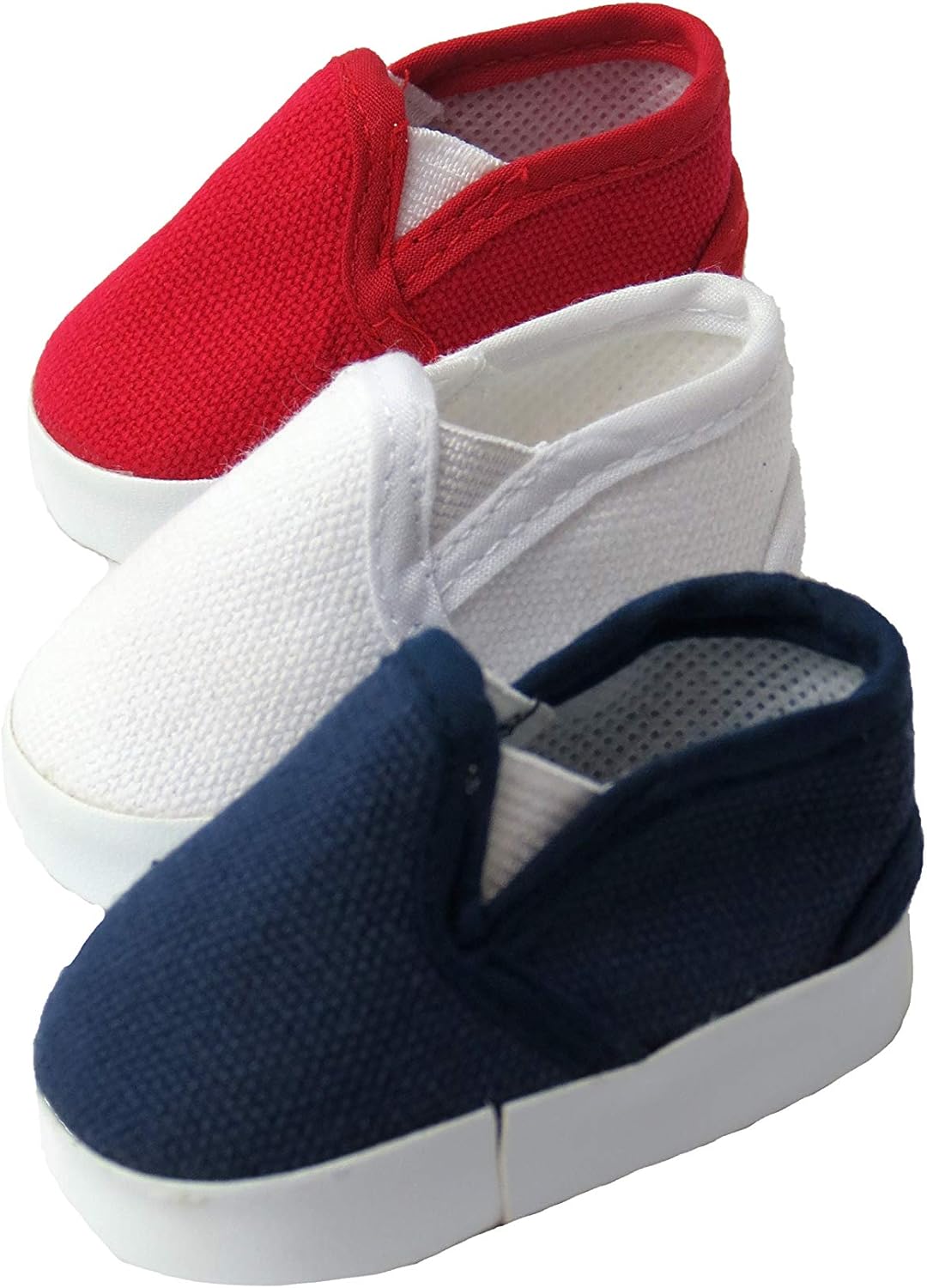 American Fashion World Red White and Blue Canvas Slip-Ons for 18-Inch Dolls | 3 Pack | Premium Quality & Trendy Design | Dolls Shoes | Shoe Fashion for Dolls for Popular Brands
