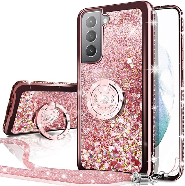Silverback Miss Arts Galaxy S21 FE Case, Moving Liquid Holographic Glitter Case With Kickstand, Girls Women Bling Diamond Ring Slim Protective Cover for Samsung Galaxy S21 FE -Rose Gold