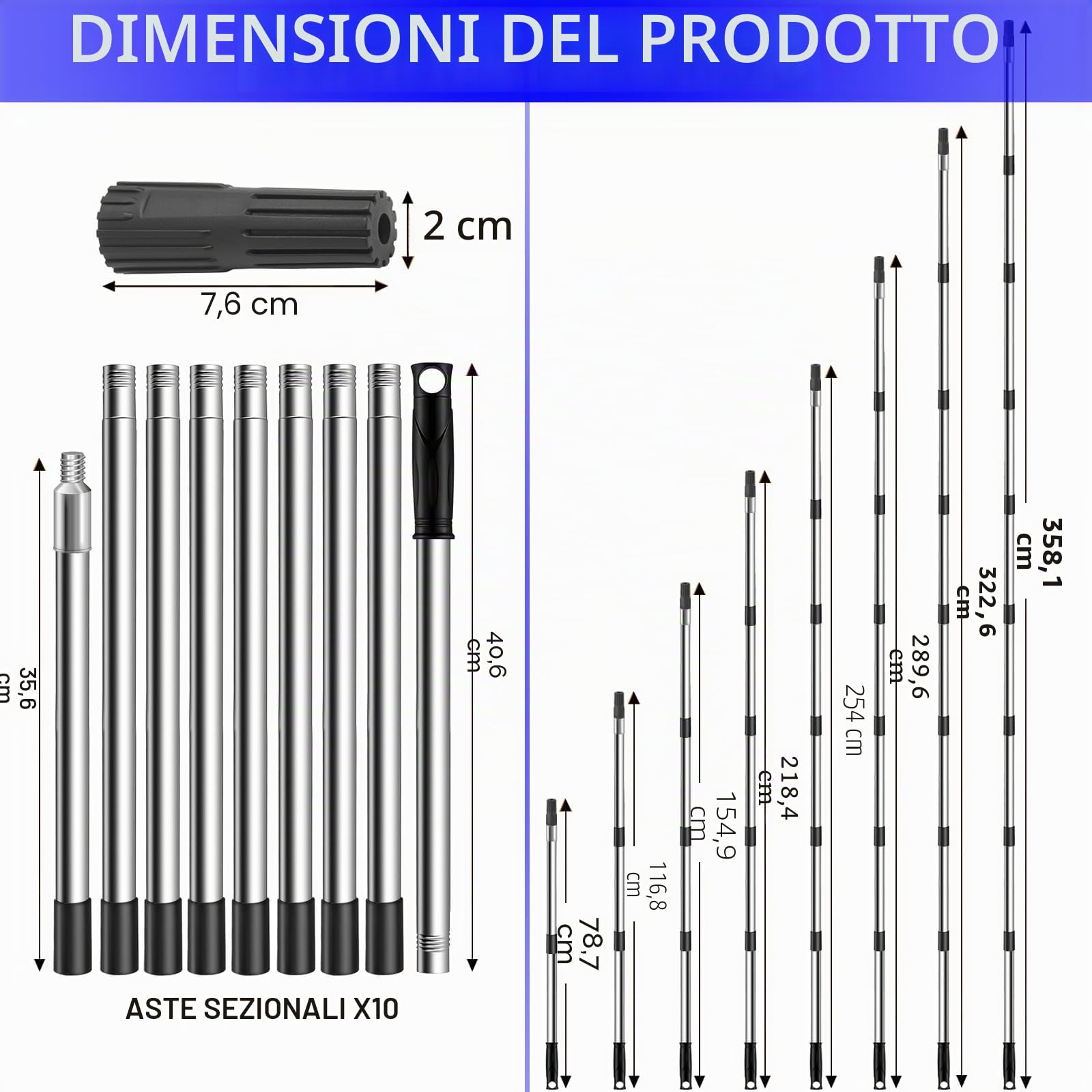 Asta estensibile per rullo da pittura 3,6 m/11,8 piedi, asta telescopica in acciaio inossidabile leggera a 10 segmenti, asta estensibile con adattatore affusolato, asta estensibile per rullo per