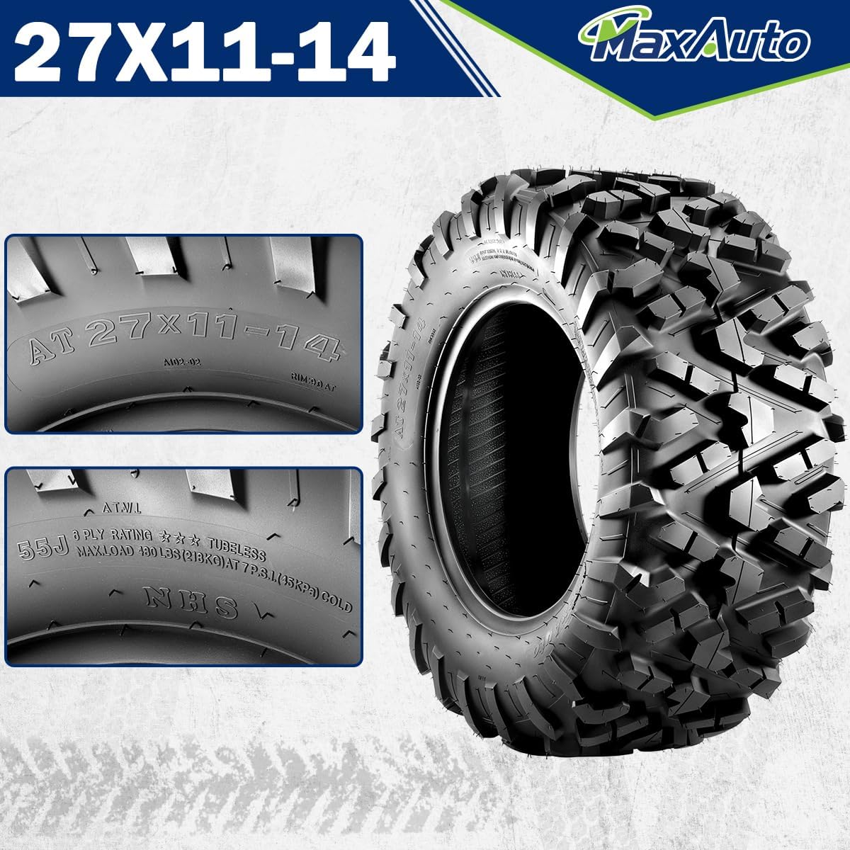 ‌MaxAuto 2-Pack 27x11-14 UTV Rear Tires - All-Terrain Mud & Sand Off-Road Performance, 6-Ply Tubeless Construction for Durability & Traction