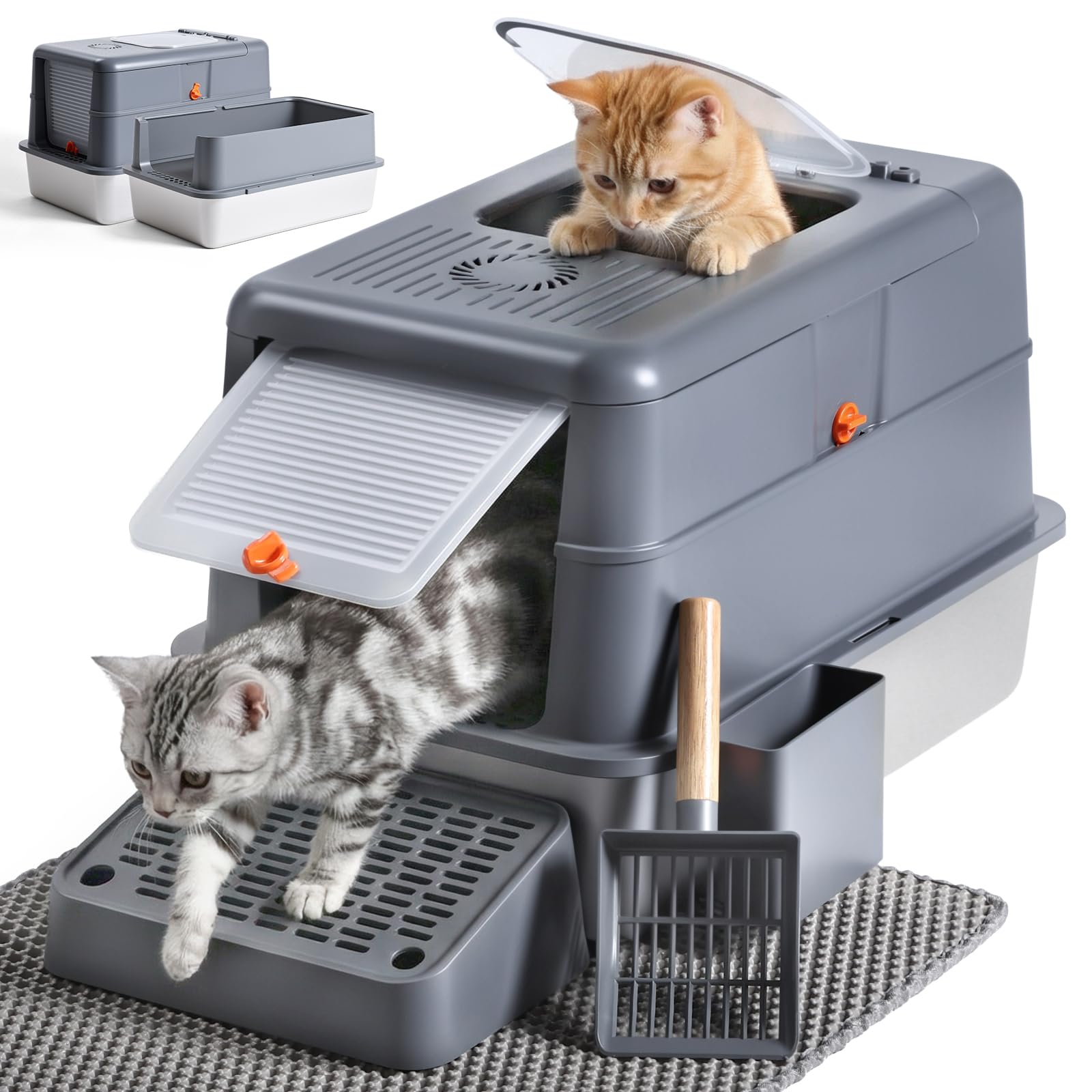 Stainless Steel Litter Box with Lid, Front Entry Top Exit Cat Litter Box, Extra Large High Sided Enclosed Metal Litter Box with Scoop, Pedal & Litter Mat, Grey