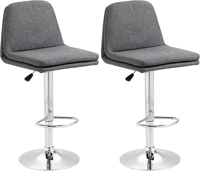 HOMCOM Adjustable Bar Stools Set of 2, Swivel Fabric Kitchen Stools with Backs, Footrest for Home Pub, Grey
