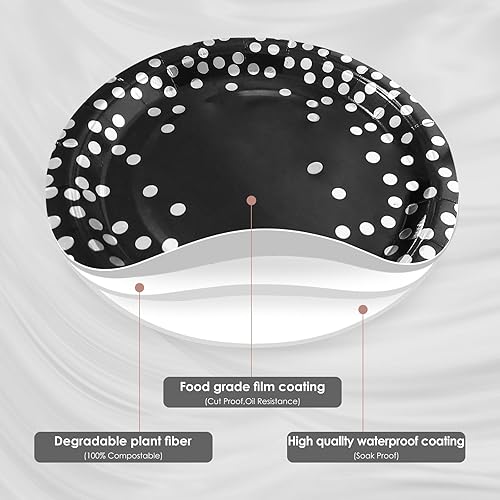 Miniatura 7 de Sirve para 25 invitados, platos de papel negro y plateado, servilletas para fiestas, platos de papel negro de 9 pulgadas, servilletas y manteles