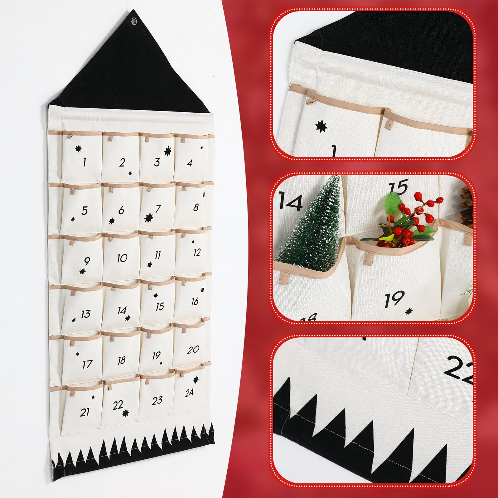 TOPBATHY Weihnachts Aufbewahrungstasche aus Baumwollstoff mit Mehreren Taschen Atmungsaktiv und Aufhängen an Wand oder Tür Geeignet Praktischer Organizer im Haus Design