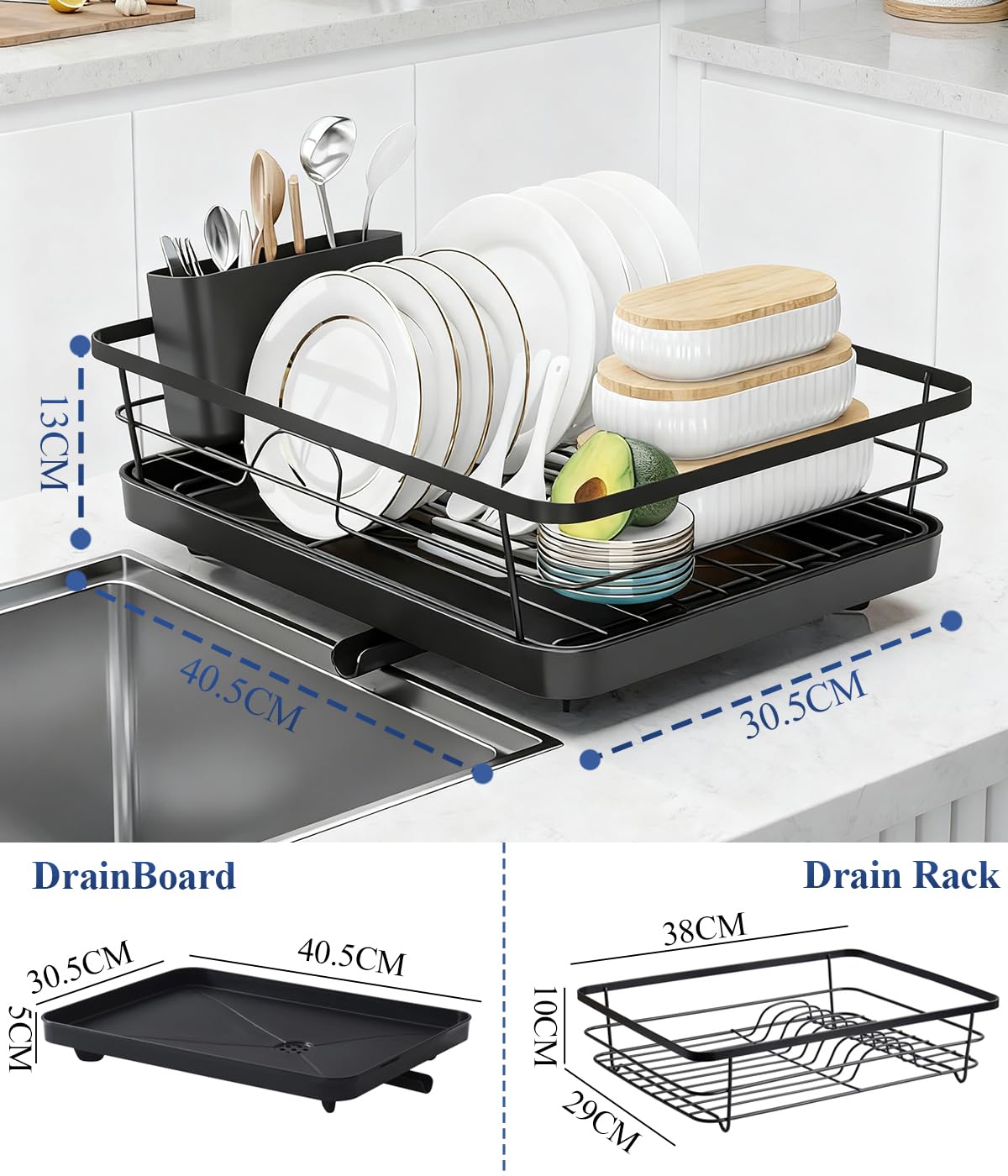 Grand égouttoir à vaisselle noir avec porte-ustensiles et égouttoir – Égouttoir à vaisselle peu encombrant pour comptoir de cuisine.