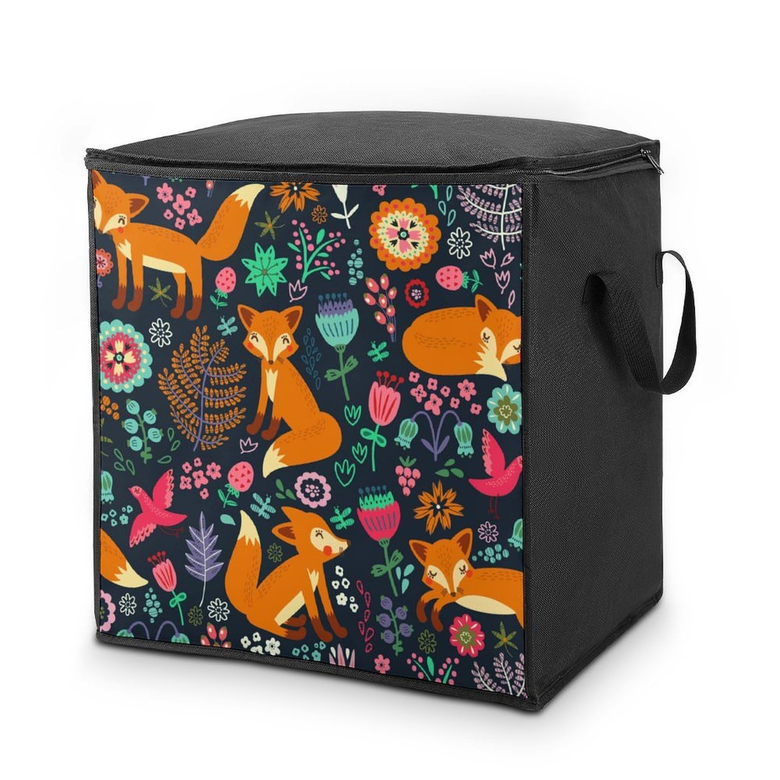 Lyfthologen 70L Storage Bags, Cute Fox Floral Storage Box with Lid Zipper And Handles, Clothes Bags for Quilt, Blankets, Bedding