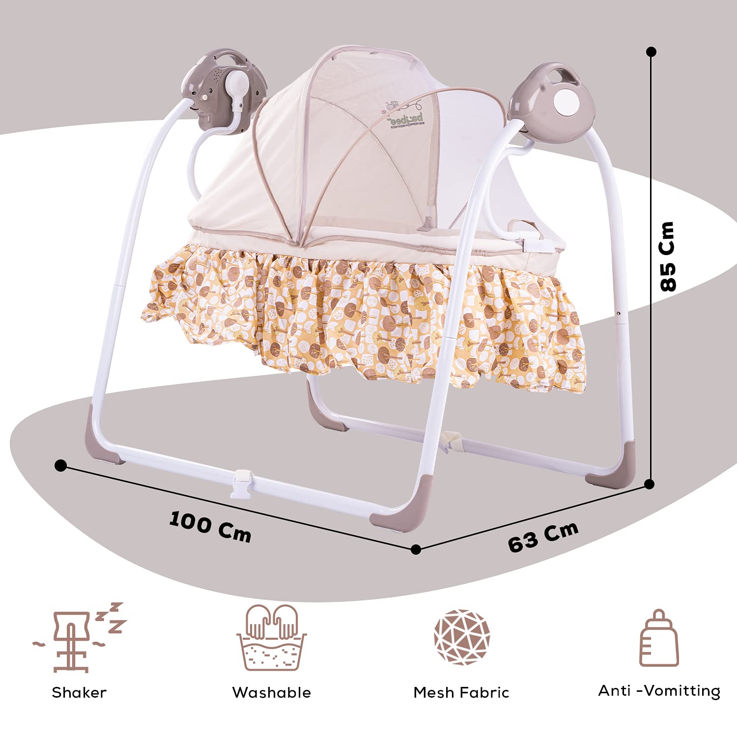 Image highlighting features including dimensions, shaker, washable fabric, mesh fabric, and anti-vomiting design.