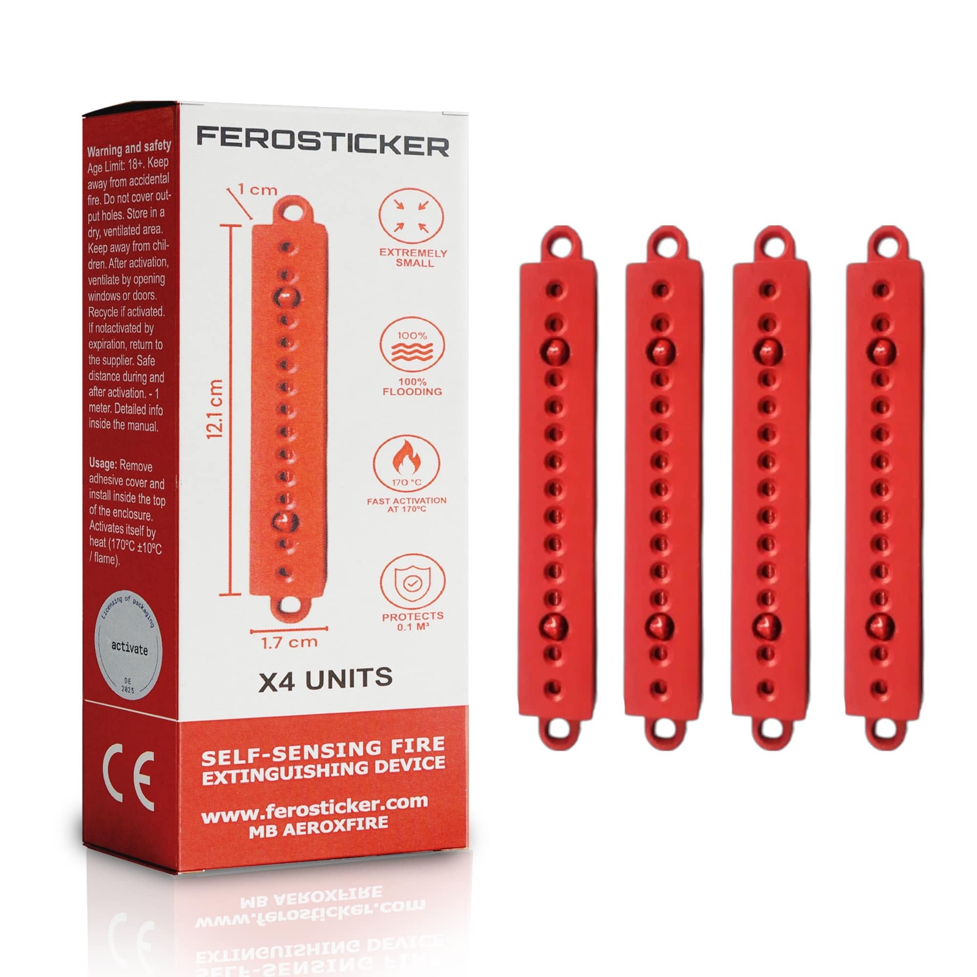 FEROSTICKER Kleiner Automatischer Feuerlöscher – Ungiftig, Kompakt & Wartungsfrei, Haushaltsbrandschutz für Sicherungskästen, Solargeneratoren, Fahrzeuge, Lithiumbatterien, Schiffskabinen (4 Stück)