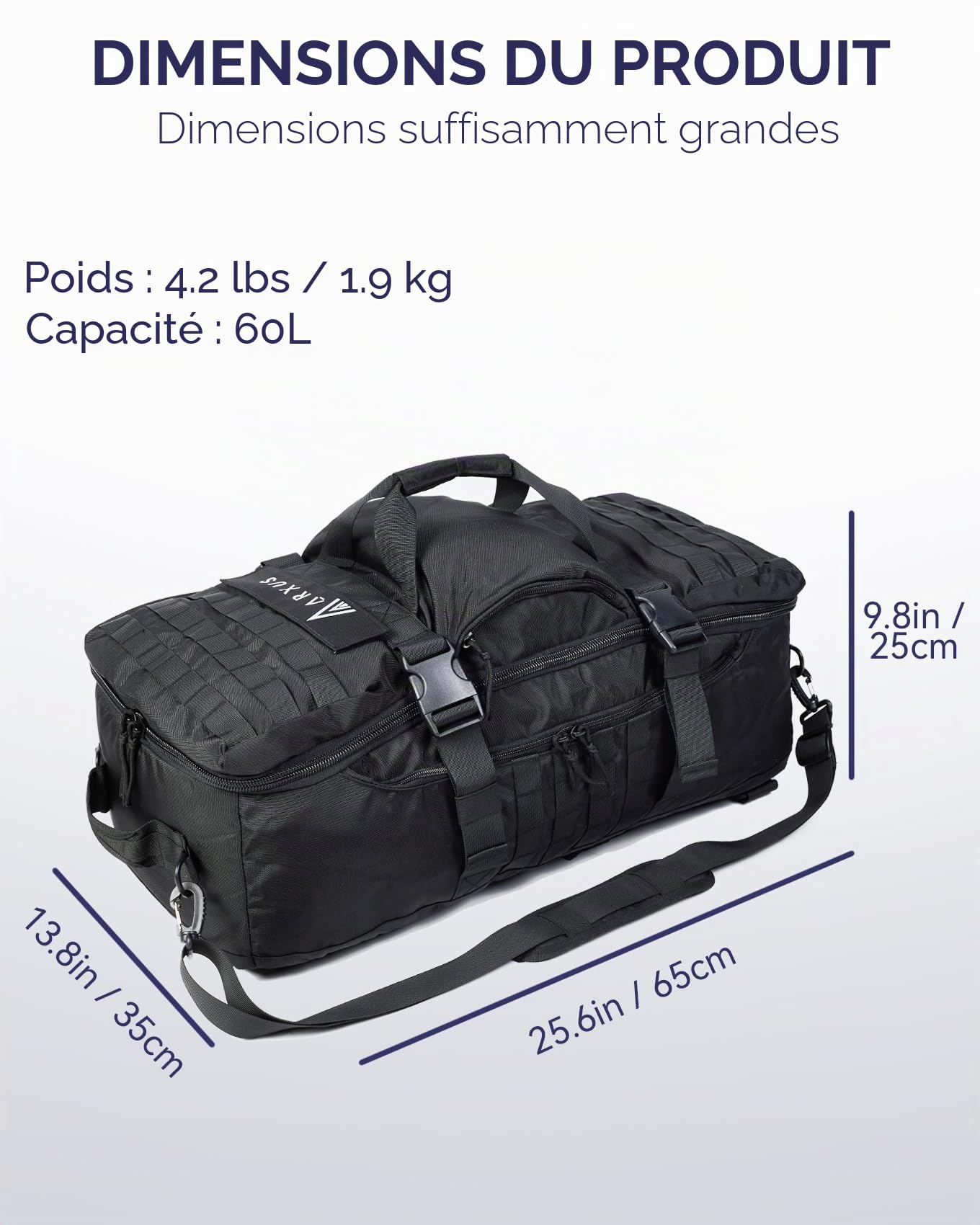 Arxus Sac à Dos Tactique 60L, Grand Sac de Voyage pour Homme Femme, 3-en-1 Backpack Bagage à Main Crossbody Bag pour Outdoor Randonnée Camping Trekking, Noir
