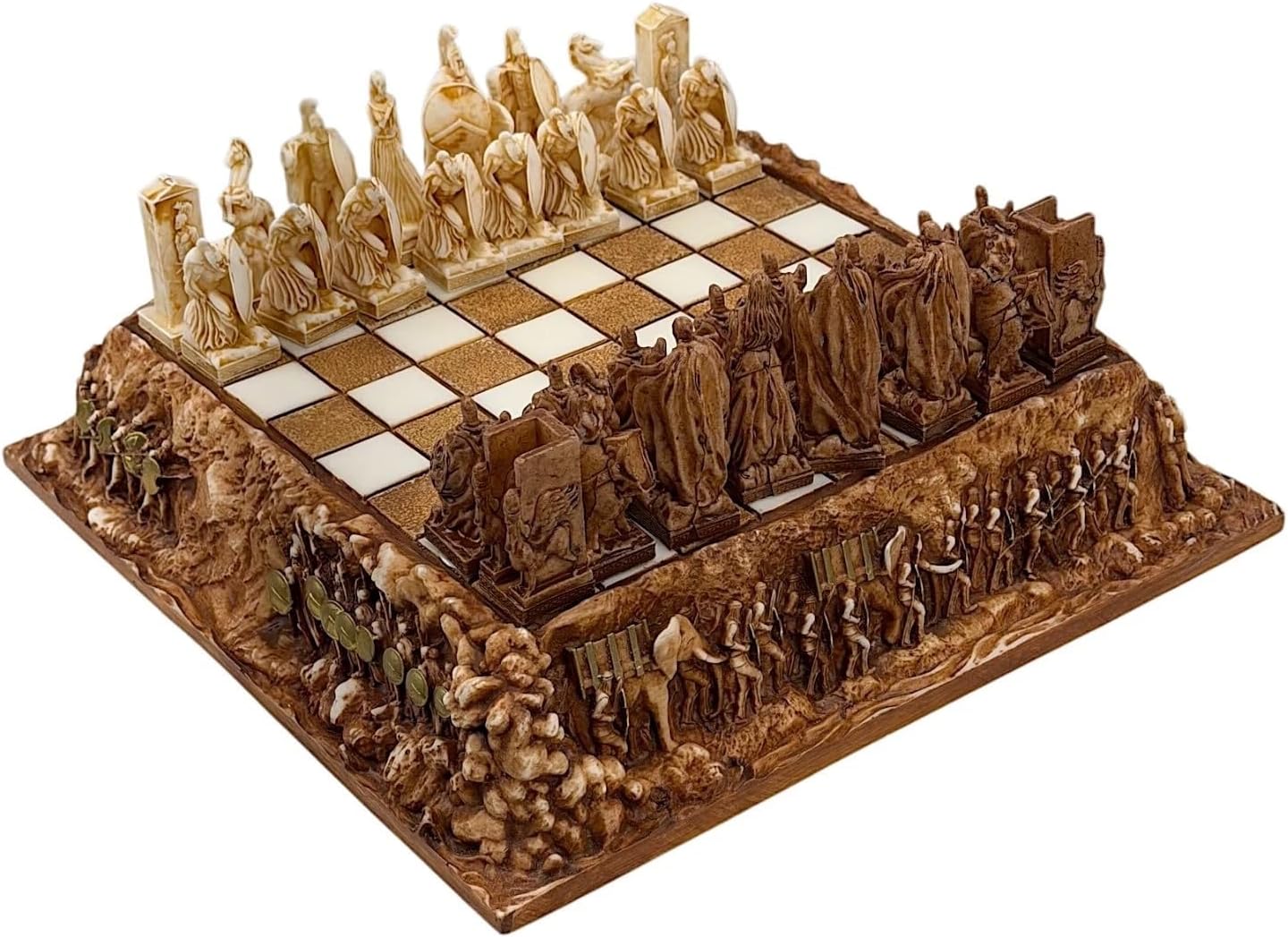 Battle of Thermopylae Chess Set – 32 Hand-Painted Spartan vs Persian Warrior Pieces, Cast Alabaster, Small Board 9.45 in, Handmade in Greece