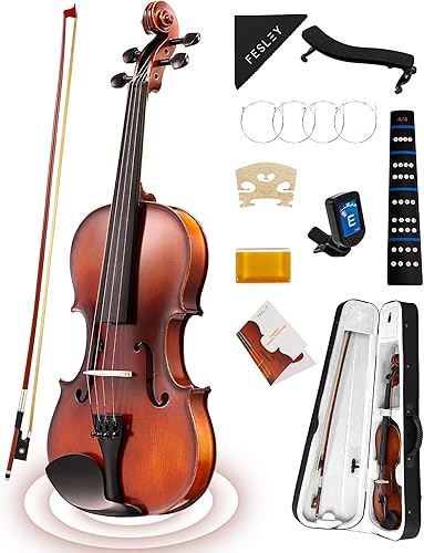 Miniatura 10 de Fesley Juego completo de violín para violín: Kit de violín pulido 4/4 para principiantes, violín acústico con estuche rígido, kit de inicio hecho a