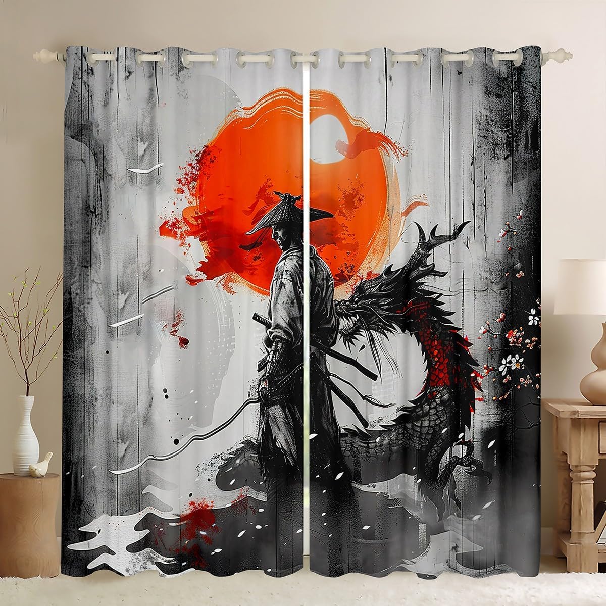 Western Dragon Kids Window Curtains,Lightning Dark Clouds Ocean Waves Window Drapes for Boys Men,Mystic Ancient Wild Animal Red Blue Window Treatments Grommet Top 2 Panel Set,38Wx45L inch