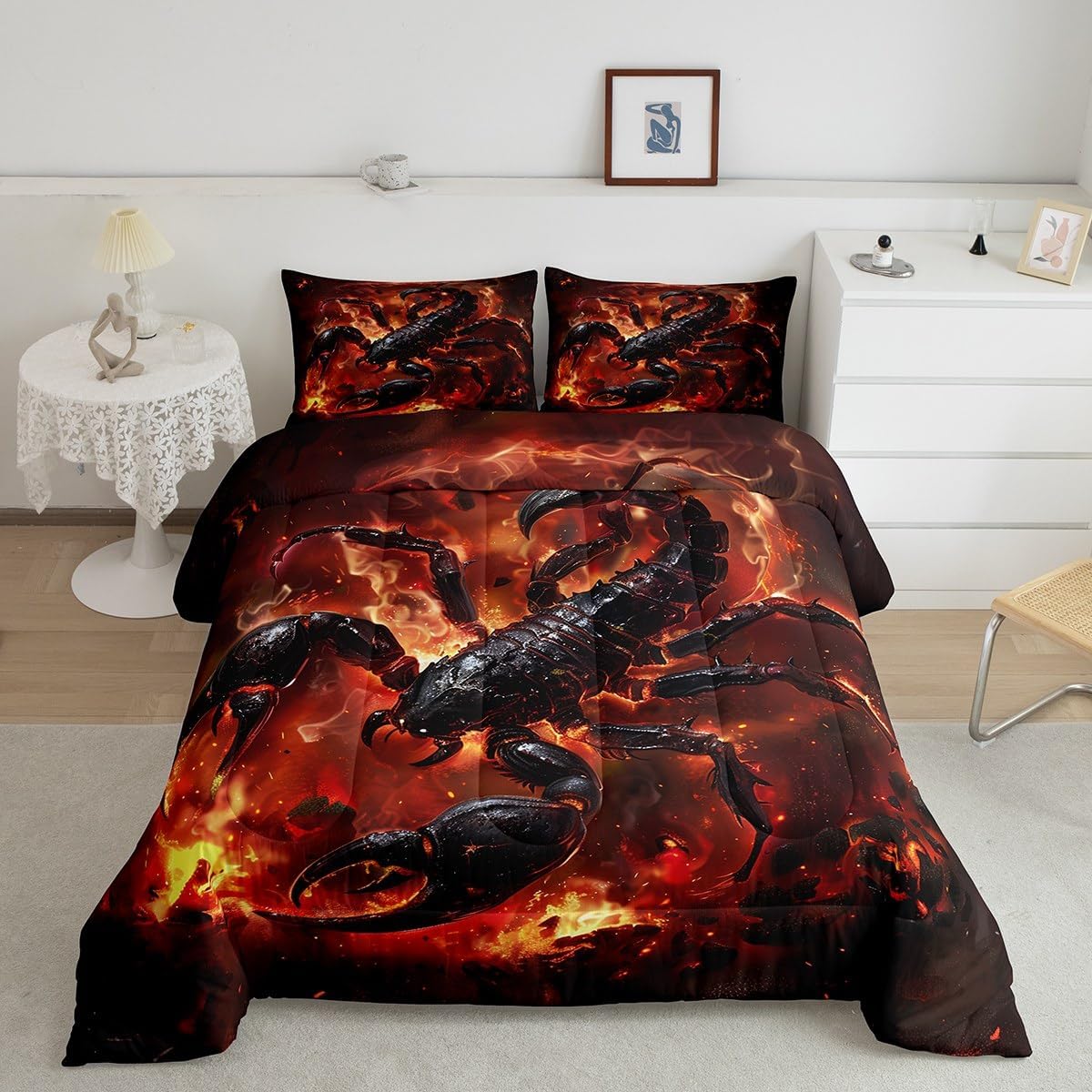 Black Scorpion Comforter Set Full Size,3D Red Burning Flame Bedding Sets 3Pcs for Kids Boys Adult Men Room Decor,Wild Animals Quilt Set Western Magical Duvet Insert,2 Pillowcases - Image 2