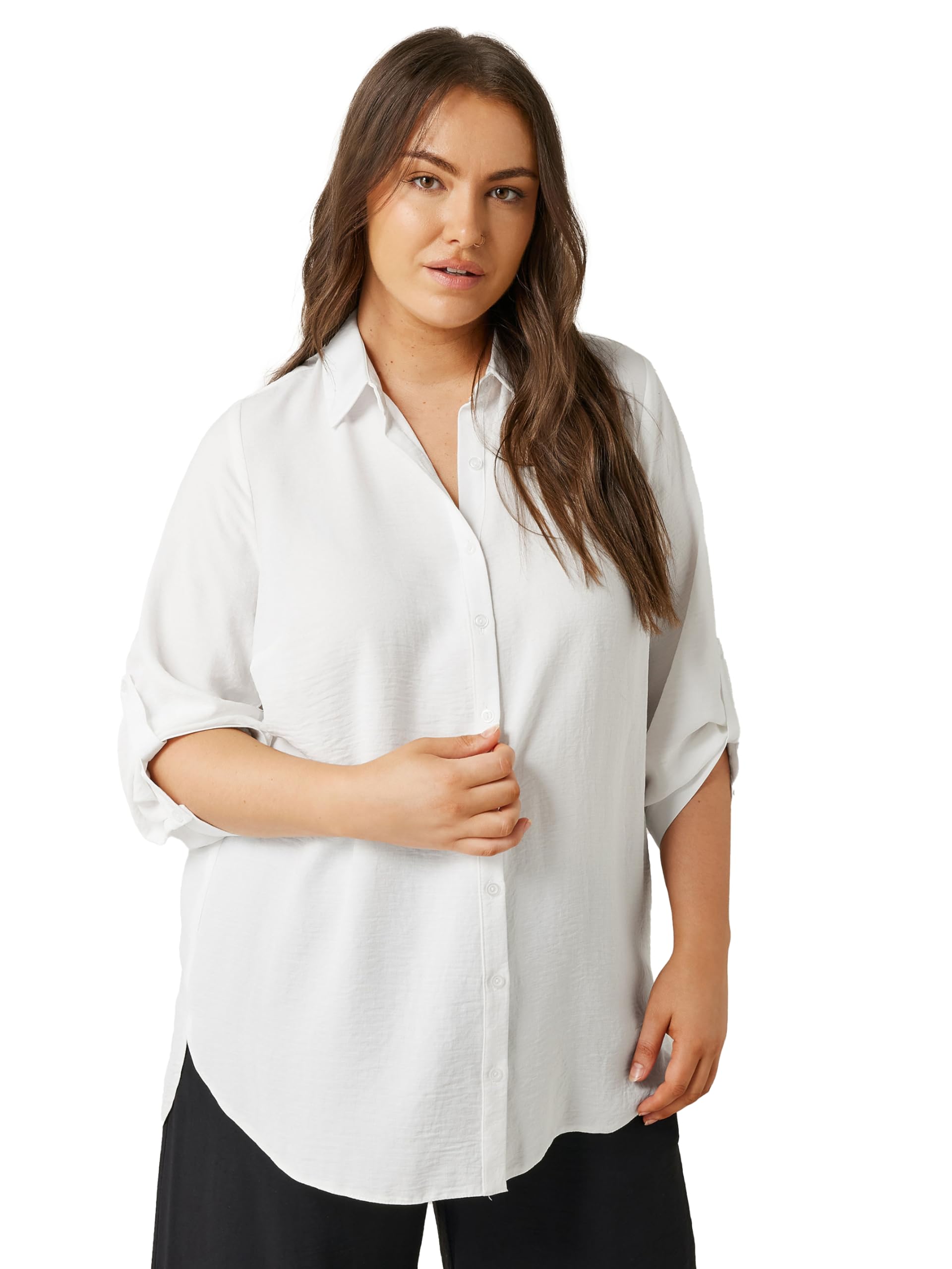Evans White Tab Sleeve Shirt - 3/4 Length Sleeves - Classic Collar - Button Through