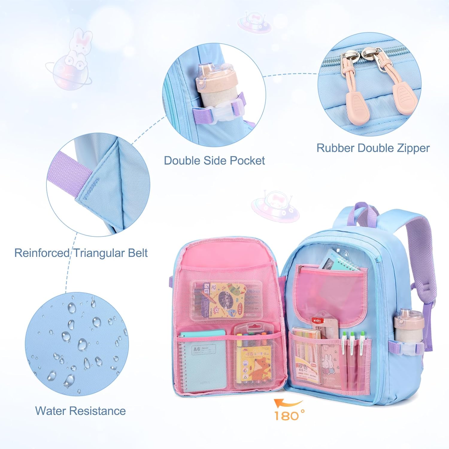 Girls Backpack with Bento Lunch Box Set, Kawaii Bunny School Backpack for Girls with Leak-proof Lunch Containers Lunch Bag Pencil Case for Kindergarten Elementary Preschool School Blue - Image 4