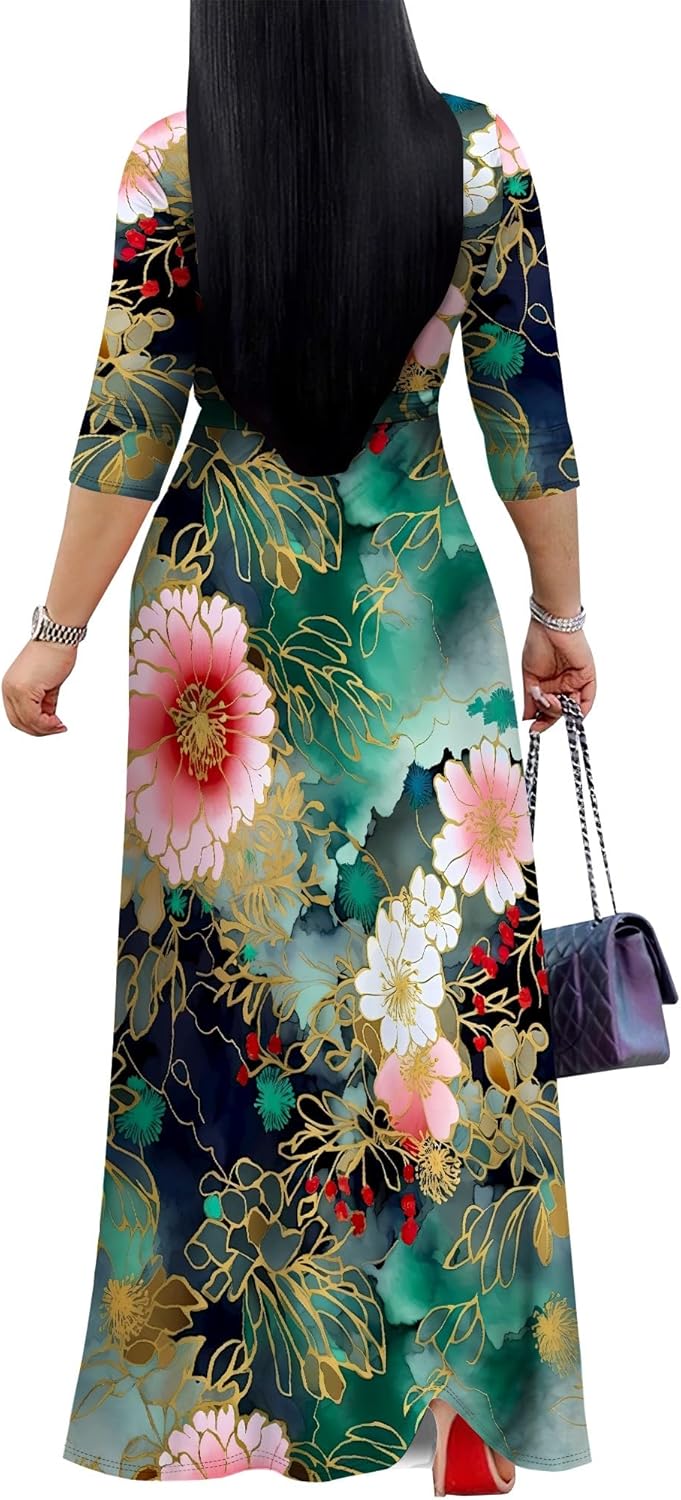 Plus Size Dresses for Women Floral Print Maxi Dress Flowy 3/4 Sleeve with Belt - Image 5