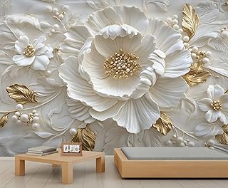 Nordic Stereo Relief White Flowers Wall Mural, Luxury Gold Leaf 3D Wallp...