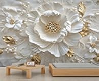 Nordic Stereo Relief White Flowers Wall Mural, Luxury Gold Leaf 3D Wallpaper Mural, Modern Art Wall Murals Wallpaper for Woman Bedroom Bedside Living Room 59