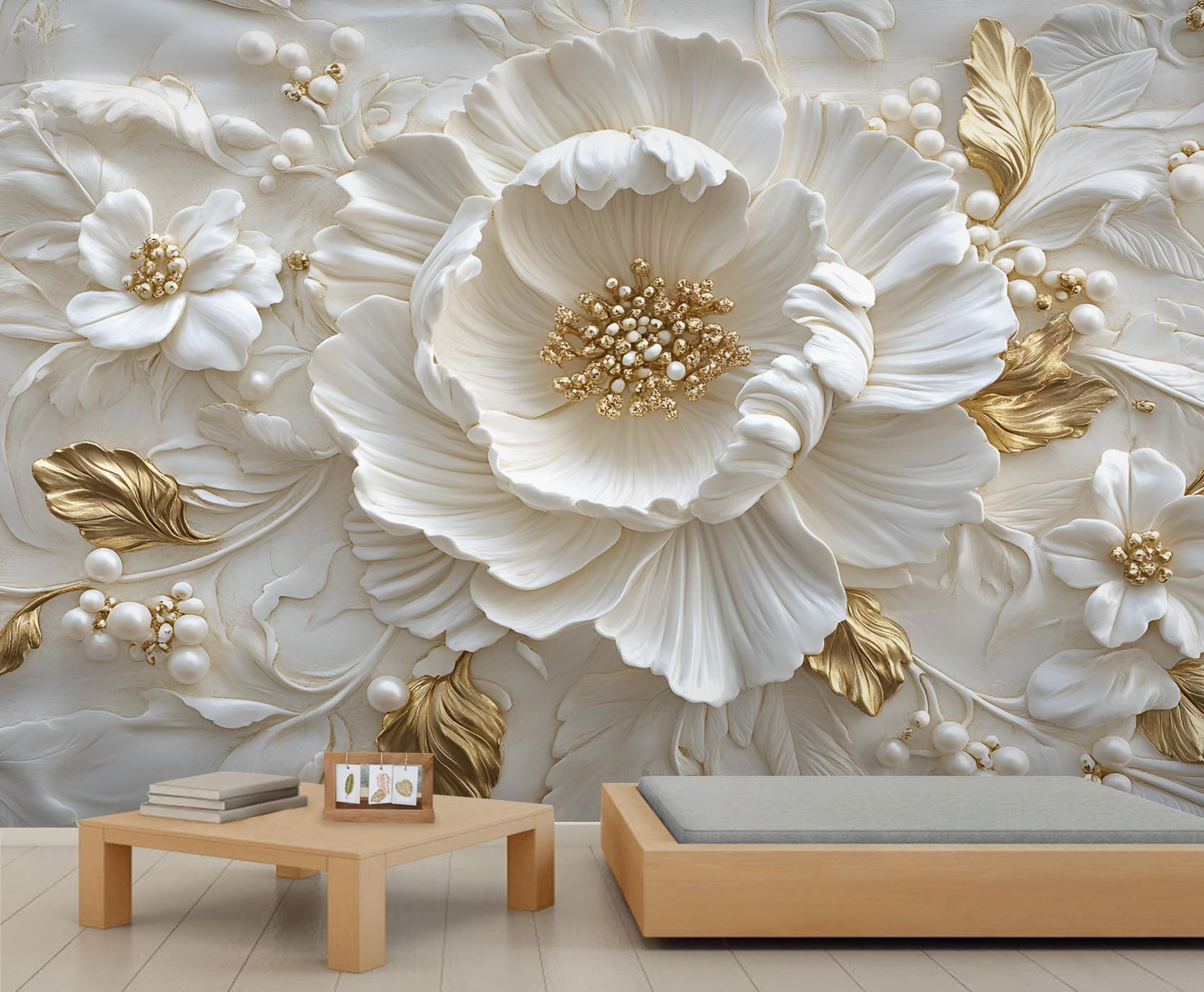Nordic Stereo Relief White Flowers Wall Mural, Luxury Gold Leaf 3D Wallpaper Mural, Modern Art Wall Murals Wallpaper for Woman Bedroom Bedside Living Room 79" W x 55" H
