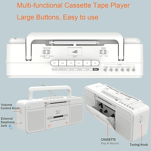 Miniatura 9 de Reproductor de cassette retro portátil con Bluetooth, USB, radio AMFM, micrófono, alimentado por batería de CA o AA para regalo, hogar, auriculares