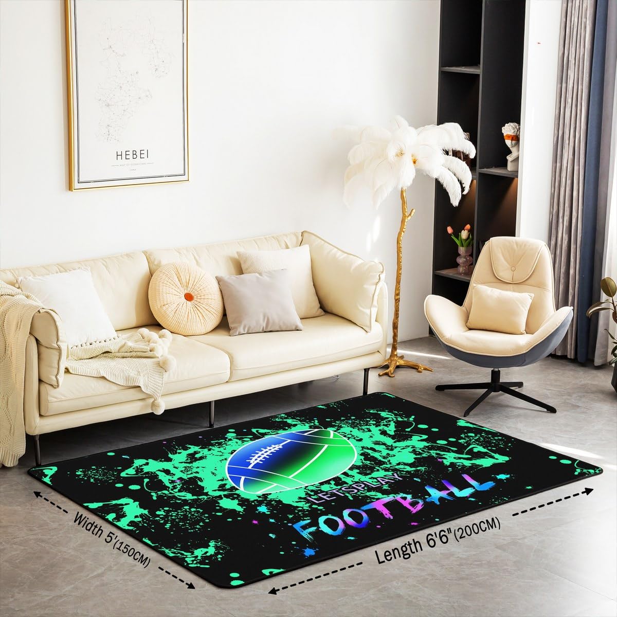 Homemissing Tappeto per area di calcio, 150 x 200 cm, per bambini, rugby, palla 3D, tappeto decorativo per bambini e ragazze, per videogiochi, sport, soggiorno, verde, blu, neon, galassia, tappeto per