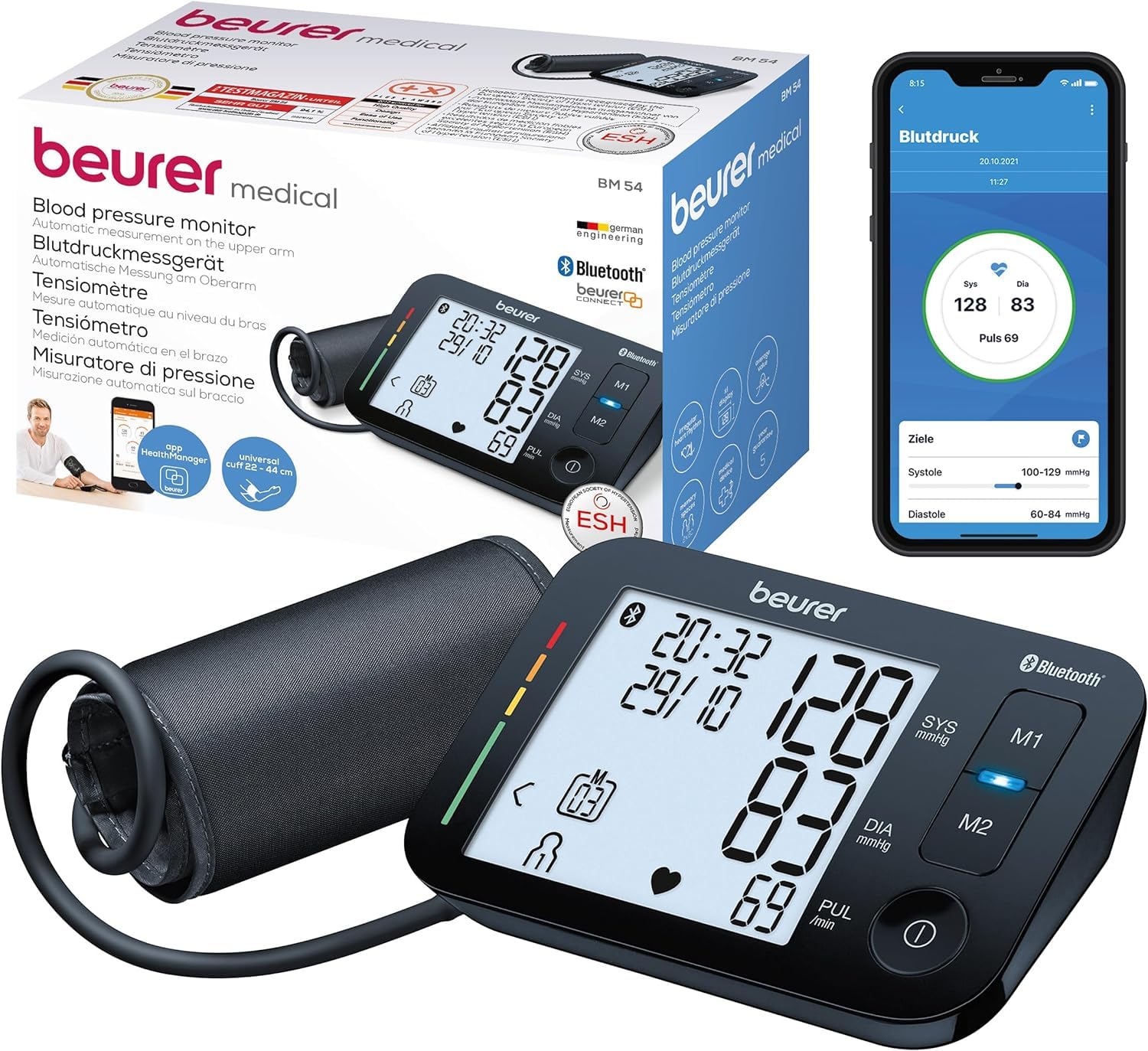 — Das Beurer BM 54 ist ein klinisch validiertes Oberarm-Blutdruckmessgerät.
— Es verfügt über ein XL-Display für eine einfache Bedienung.
— Das Gerät ist mit einer App verbunden, die zertifizierten Datenschutz gewährleistet.
— Es bietet eine Arrhythmie-Erkennung zur Früherkennung von Herzrhythmusstörungen.
— Die Manschette ist Oberarme mit einem Umfang von 22 bis 44 cm geeignet.