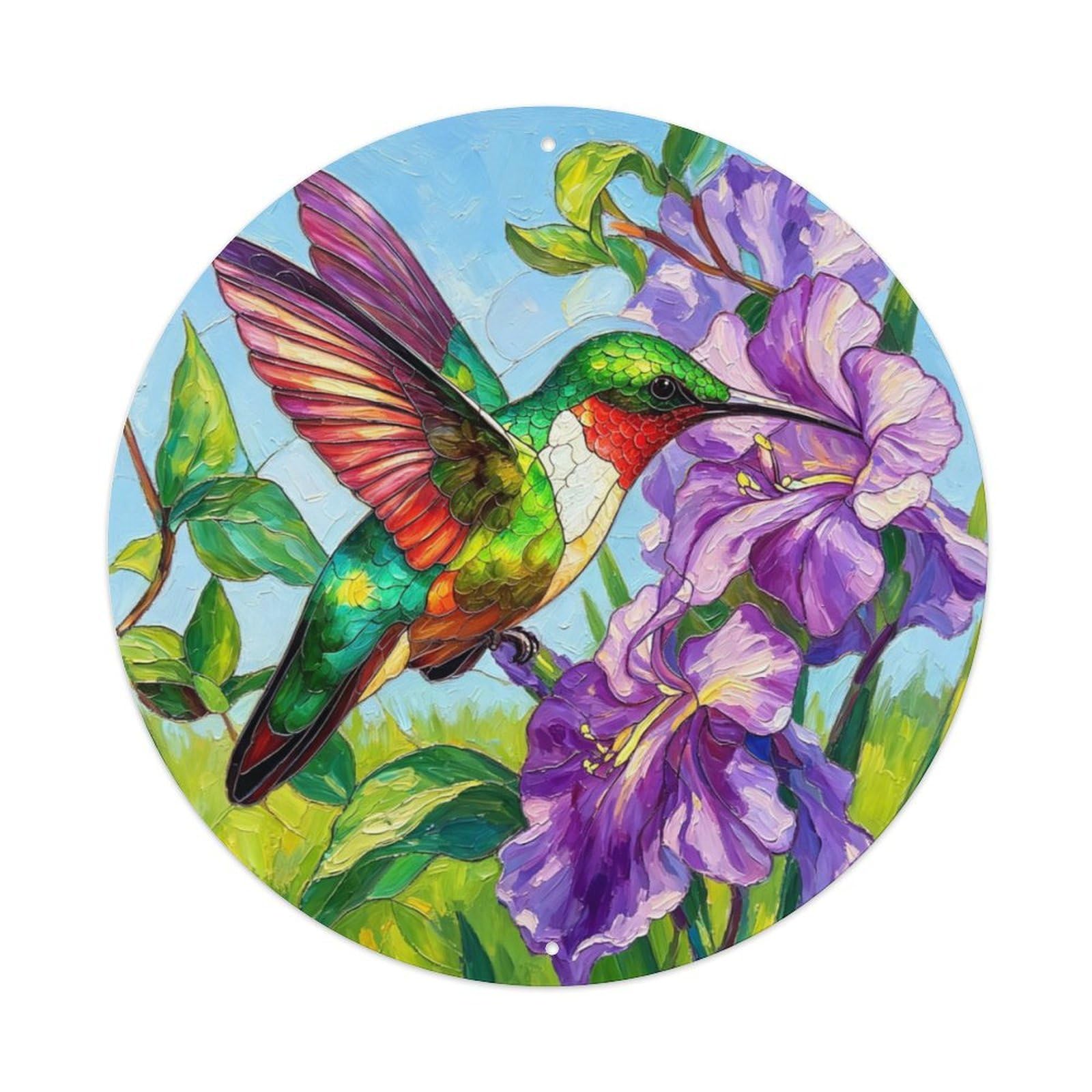 Ldfuieksufg Style Hummingbird & Purple Flower Oil Painting Round Sign Vintage Aluminium Metal Sign, Retro Wall Decor For Home, Bar, Garage & Farmhouse 20X20cm