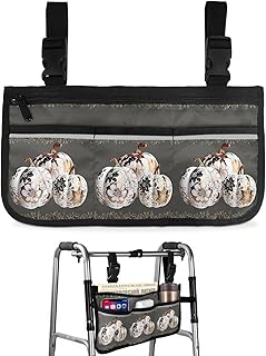 Thanksgiving Pumpkins,Wheelchair Side Bag, Wheelchair Walker Armrest Bags with Cup Holder & Reflective Stripes, Mobility Scooter Walker Rollator Wheelchair Accessories Fall Luxury Gold Flower Leaves