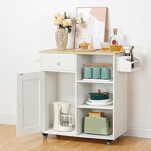 Miniatura 7 de HOOBRO Isla de cocina, armario de almacenamiento con cajón, carrito de cocina con especias y toallero, ahorro de espacio, fácil montaje, para sala