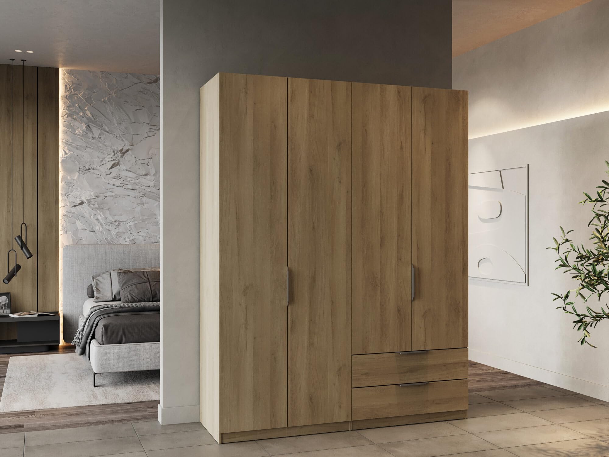 Demeyere 391392 Vestidor con Armario Moderno 4 Puertas 5 estantes 2 cajones, Color Roble Kronberg, 157,3 x 51,1 x 203 cm, Madera de ingeniería, Gris