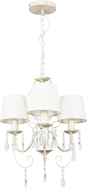 Distressed Cream Ornate Vintage Style Shabby Chic 3 Way Ceiling Light Chandelier with Beautiful Acrylic Jewels and Cream Tapered Shades - Complete with 4w LED Filament Candle Bulbs [2700K Warm White]