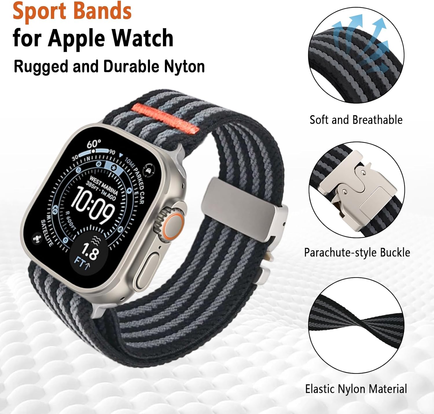 Striped Elastic Sport Band for Apple Watch Ultra 3/2/1 49mm 46mm 45mm 44mm 42mm 41mm 40mm 38mm Men Women, Adjustable Parachute Buckle Nylon Fabric Wristband for iWatch Series 11 10 SE 9 8 7 6 5 4 3 - Image 2