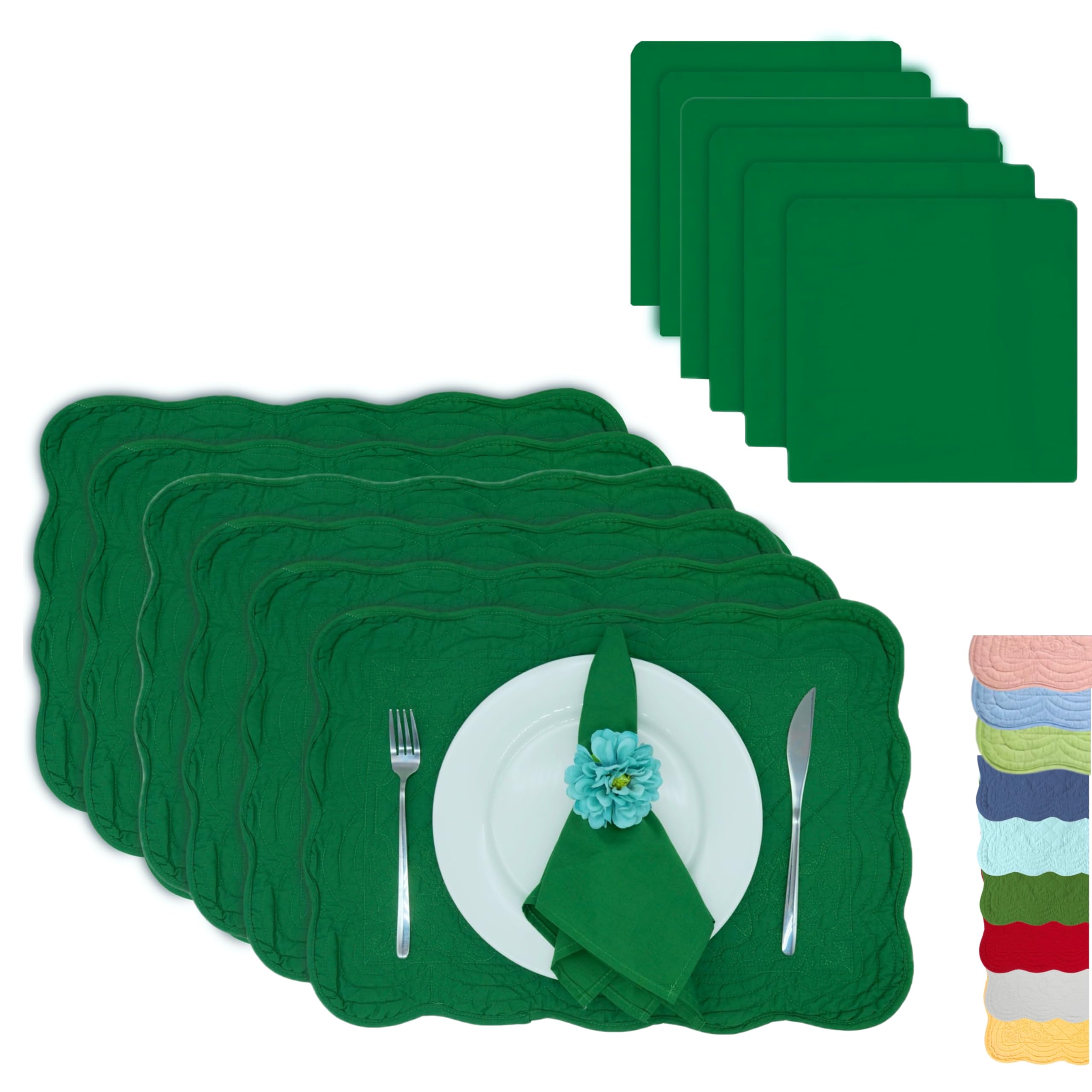 ART PineCone 12-Piece Quilted Cotton Placemats & Napkins, Emerald Green โ image 1