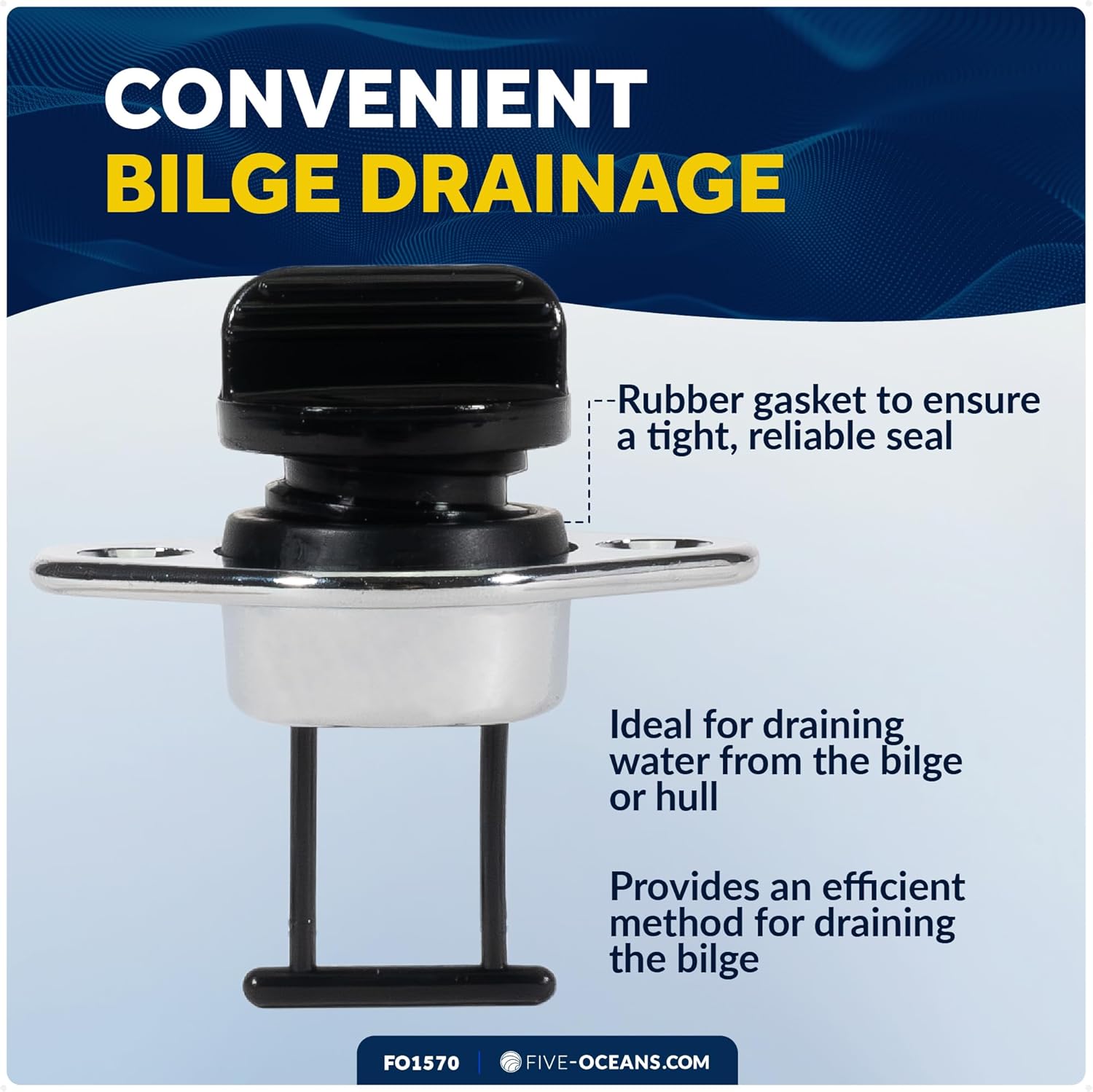 Five Oceans Kayak Drain Plug - Boat Plug - Captive Garboard Drain Plug, for 1-Inch Transom Hole, Oval Shape, Thread with Rubber Washer Gaskets, Brass & Black Nylon - FO1570