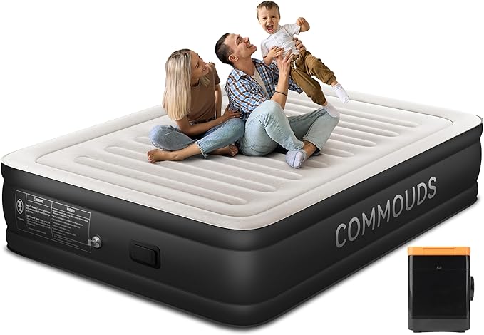 COMMOUDS Queen Air Mattress with 2000mAh Battery Powered Pump, 18" Raised Inflatable Mattress, Portable Blow up Mattress, Air Bed for Camping, Home and Guest