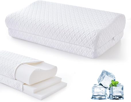 Contour Memory Foam Pillow for Neck Pain Relief 3-Layer 5-Level Height Adjustable Loft 1-6, Cervical Ergonomic Cooling Tencel Lyocell Cover High Loft Support for Side/Back/Stomach Sleepers, Queen