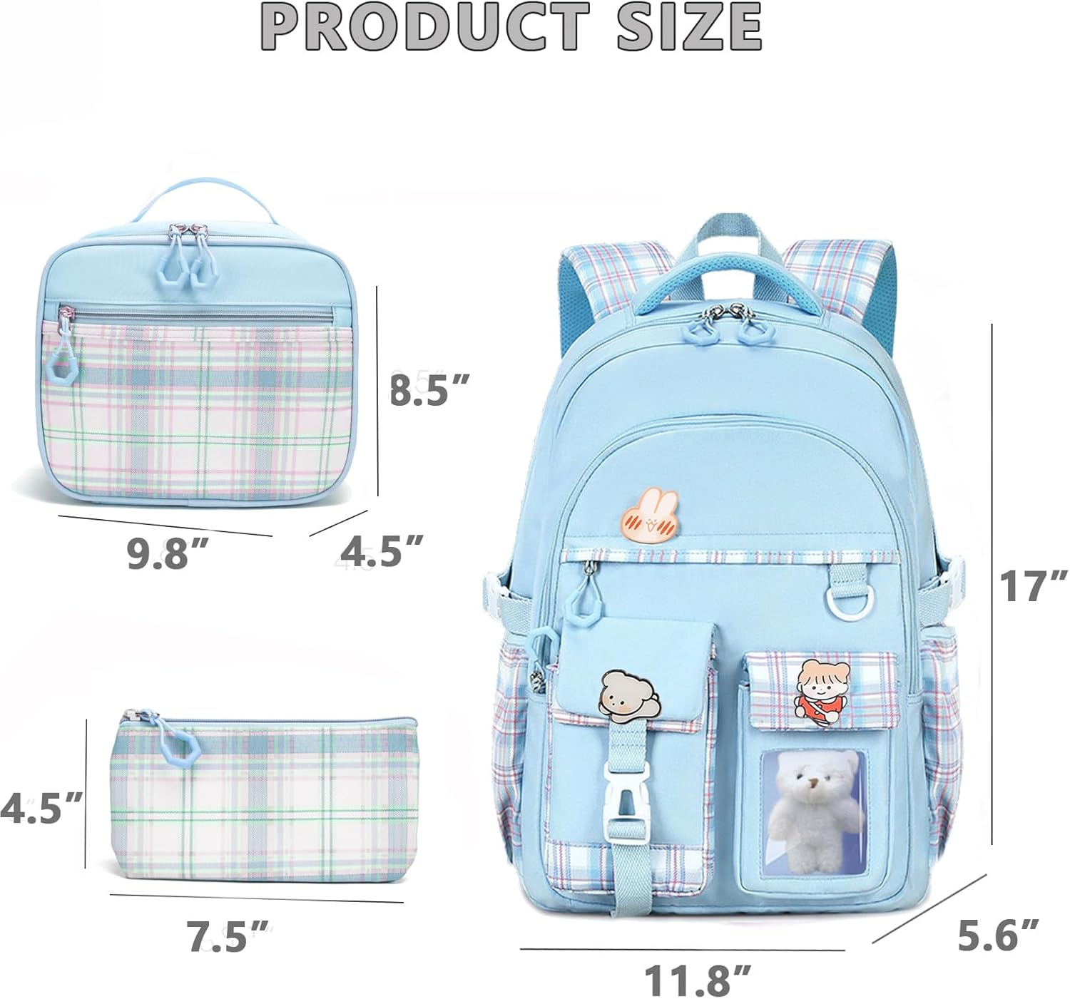Girls Backpack with Lunch Box Cute School Backpack for Girls Kids Teens Kawaii Bookbag Set for Primary Elementary，Blue