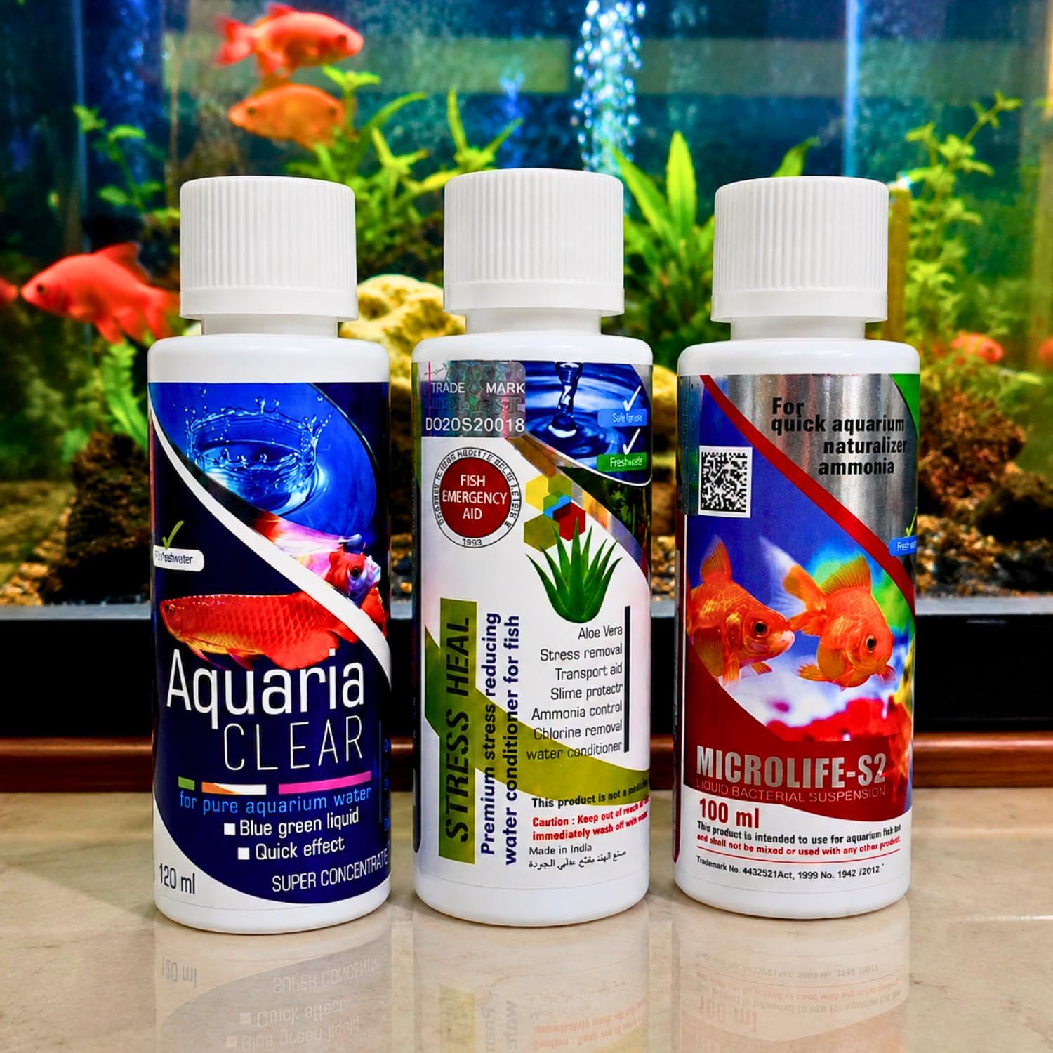 VAYINATO Aquatic Remedies Aquarium Fish Tank Must Have Starter Combo (Stress Heal + Aquaria Clear + Microlife S2) 3 * 100 Ml - 3 Pcs Combo Starter Pack