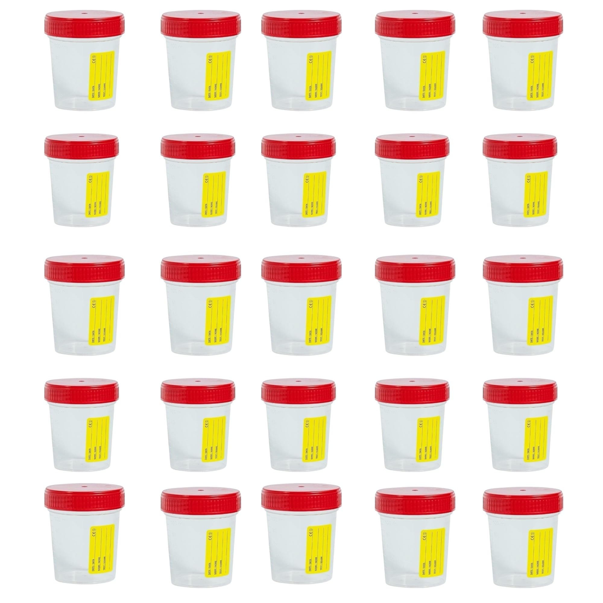 Topolenashop 25 recipientes de orina estériles de 120 ml con tapón de rosca y etiqueta. Tarros desechables para análisis de orina, cultivo de orina y pruebas de laboratorio, fabricado en Italia