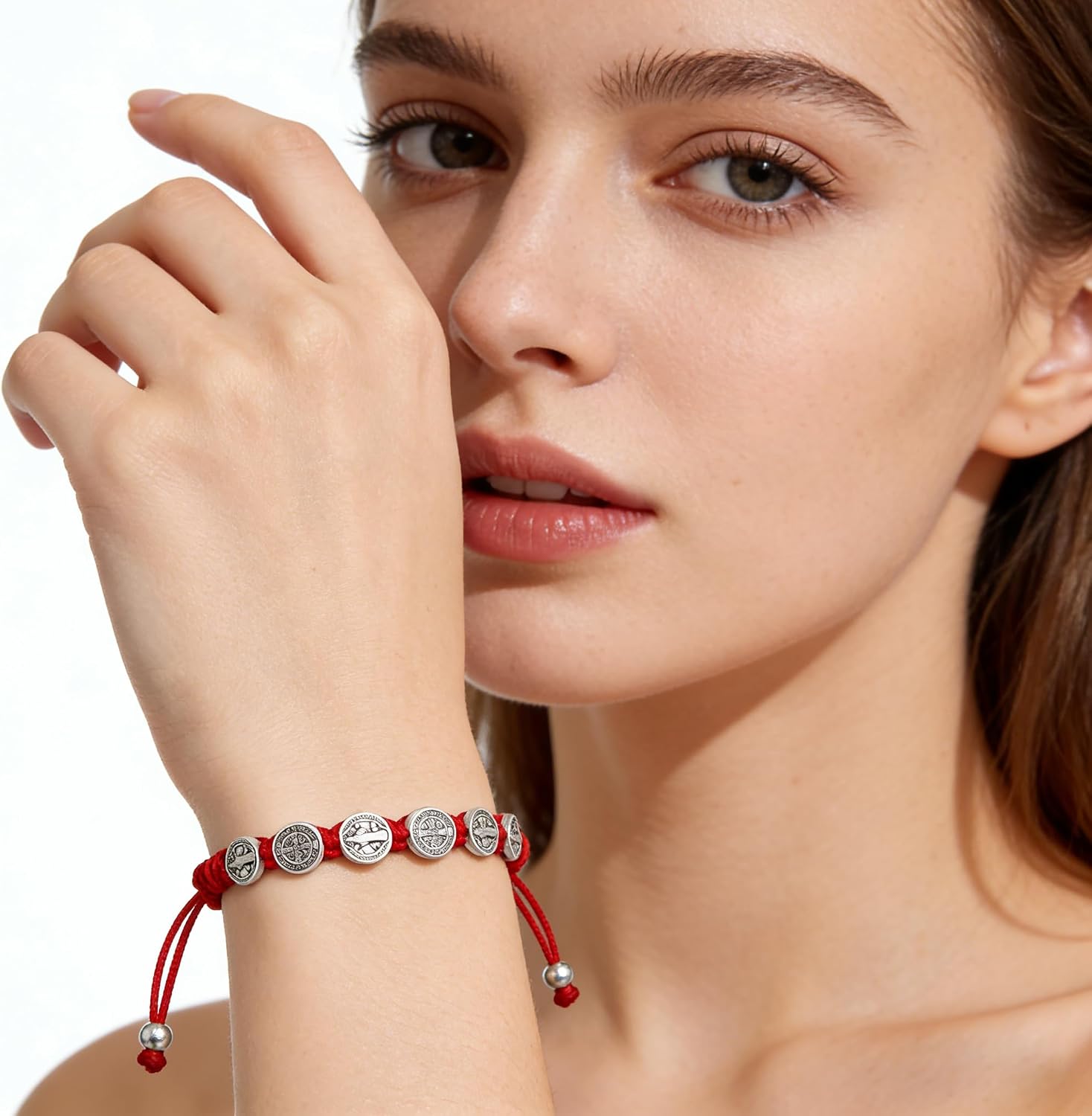 6Pcs Benedictine Woven Bracelets - red Nylon Cord and Alloy Medals, Suitable as Gifts for Easter or Baptism.
