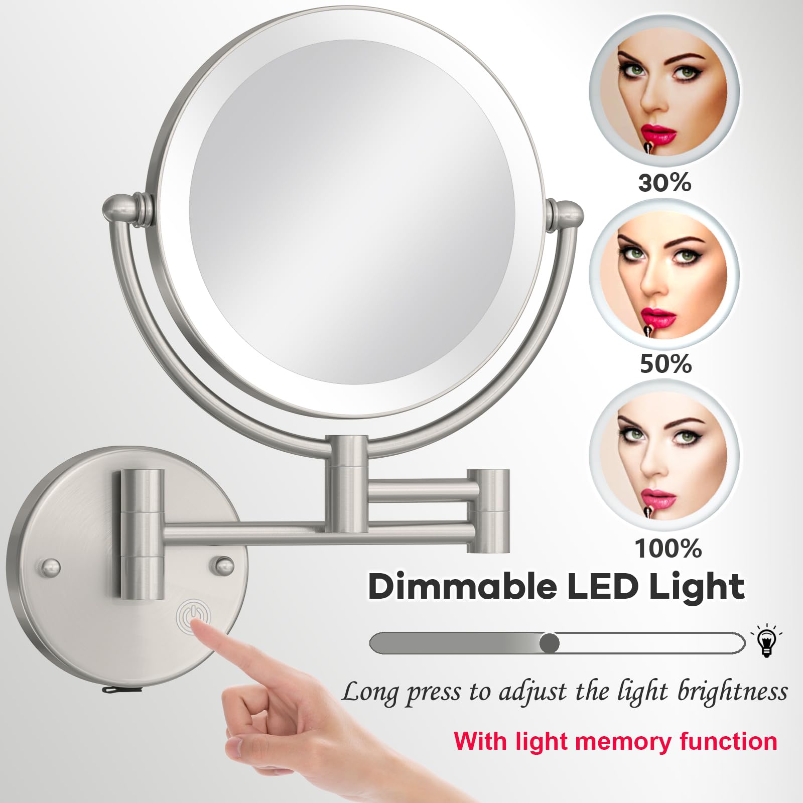 Espejo Maquillaje con Luz Aumento, 1X/5X Latón Doble Cara Espejo Aumento, Control por Interruptor Táctil, Brillo Ajustable, 360 Giratorio Espejo,Espejo de Afeitar para Baño,USB Recargable