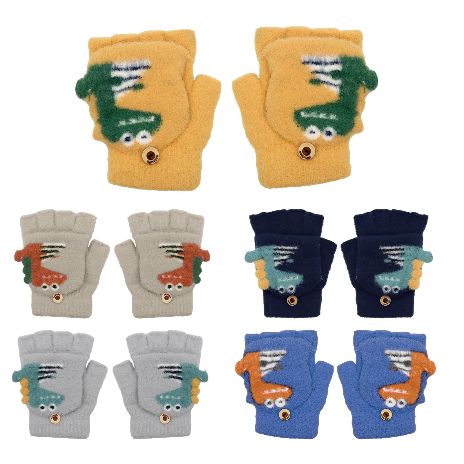 – 5 Pairs Convertible Fingerless Gloves Kids, Fluffy Warm Mittens Boy Girl, Cartoon Flip Top Winter Gloves, Christmas Kid Gifts
