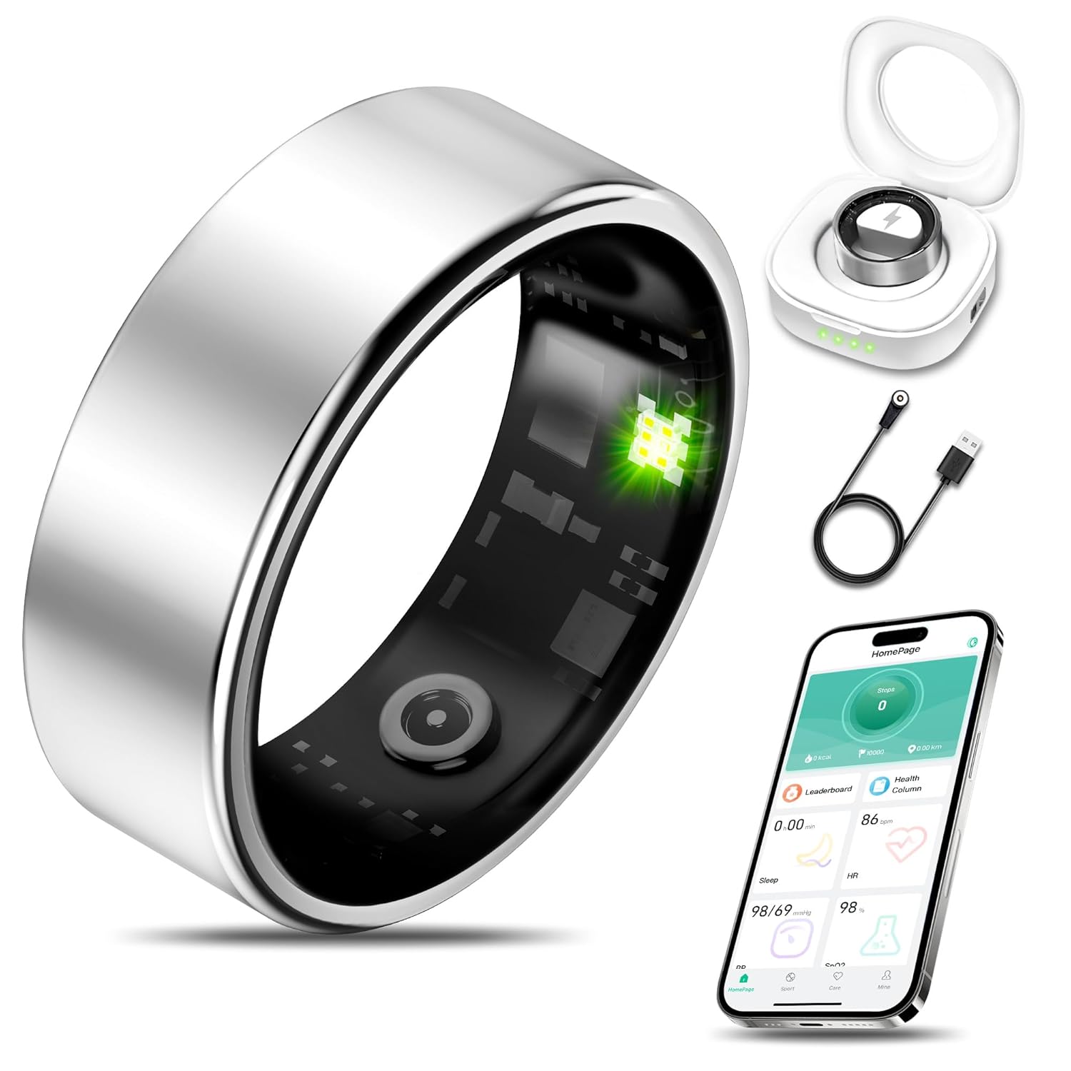 Smart Health Ring for Women Men Fitness Tracker with Heart Rate, Blood Pressure, Blood Oxygen, Sleep Monitoring, IP68 Waterproof for iPhone and Android, No APP Fee, Silver 7#