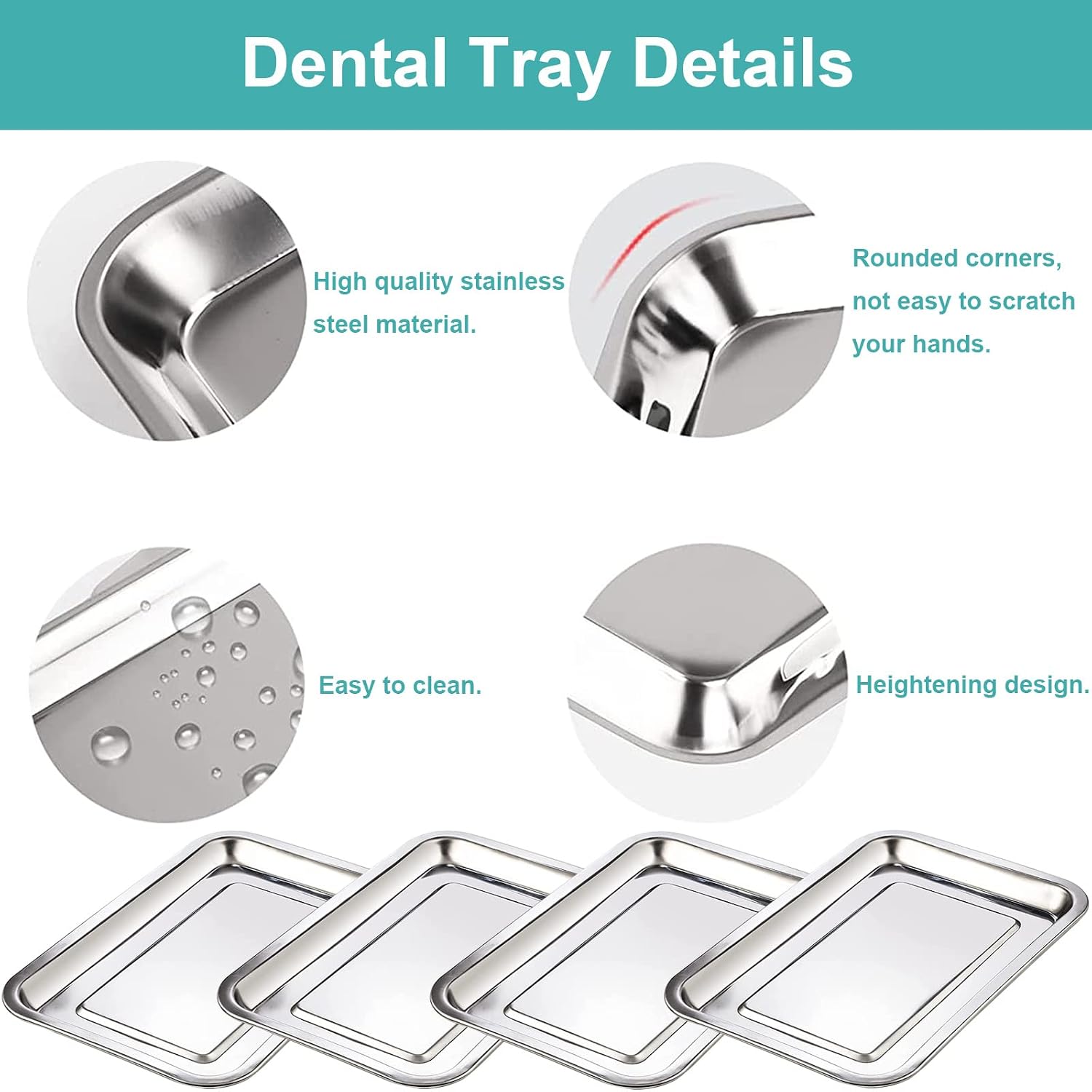 4 Pack Stainless Steel Dental Trays, 12.6" X 10.6" X 0.8", Modern Silver Style for Dental, Lab, Kitchen, Piercing, Pet, Bathroom Tools