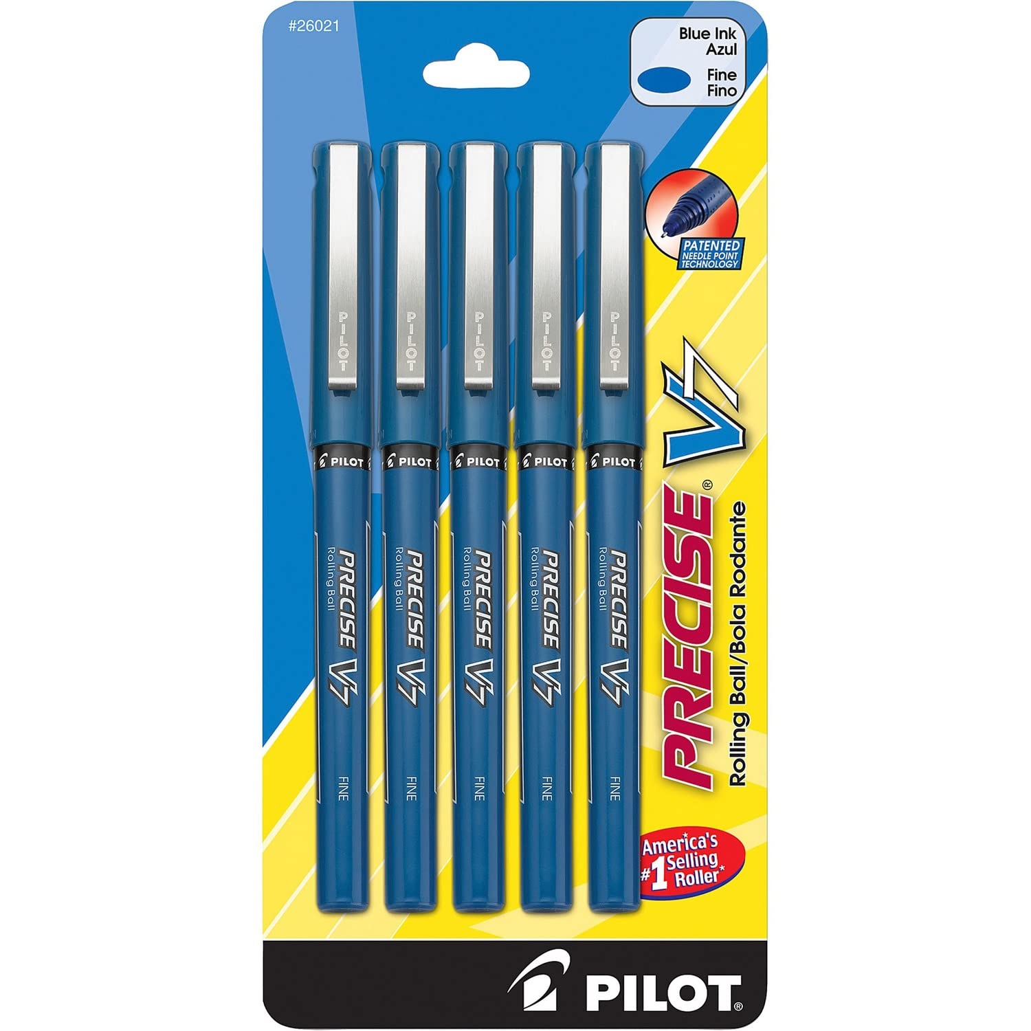 PilotPrecise V7, Capped Liquid Ink Rolling Ball Pens, Fine Point 0.7 mm, Blue, Pack of 5